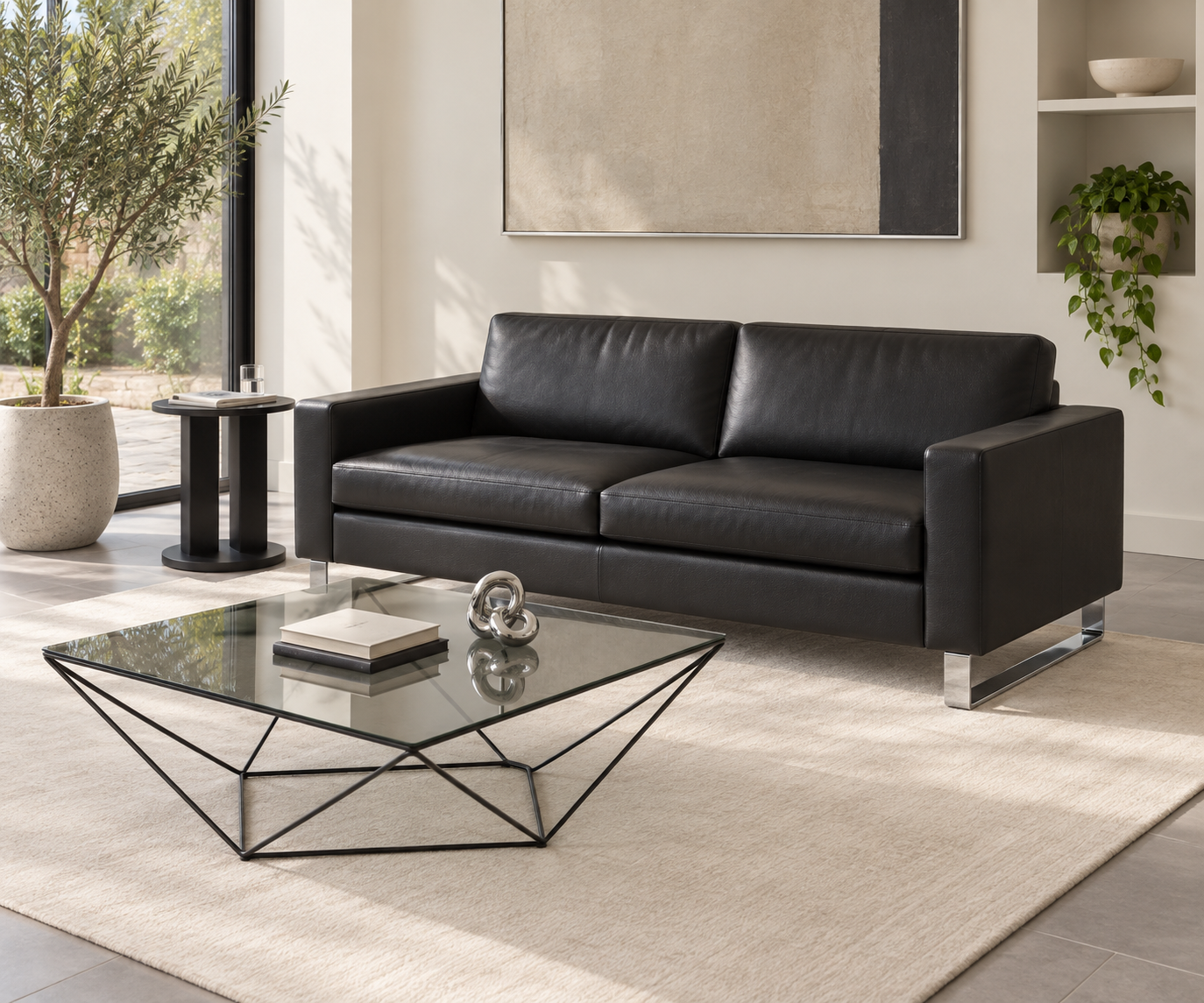 Livitalia Sofa Vinaro, 206 × 91 cm, Seminole 04 Black, genuine leather, chrome runners – 45° view
