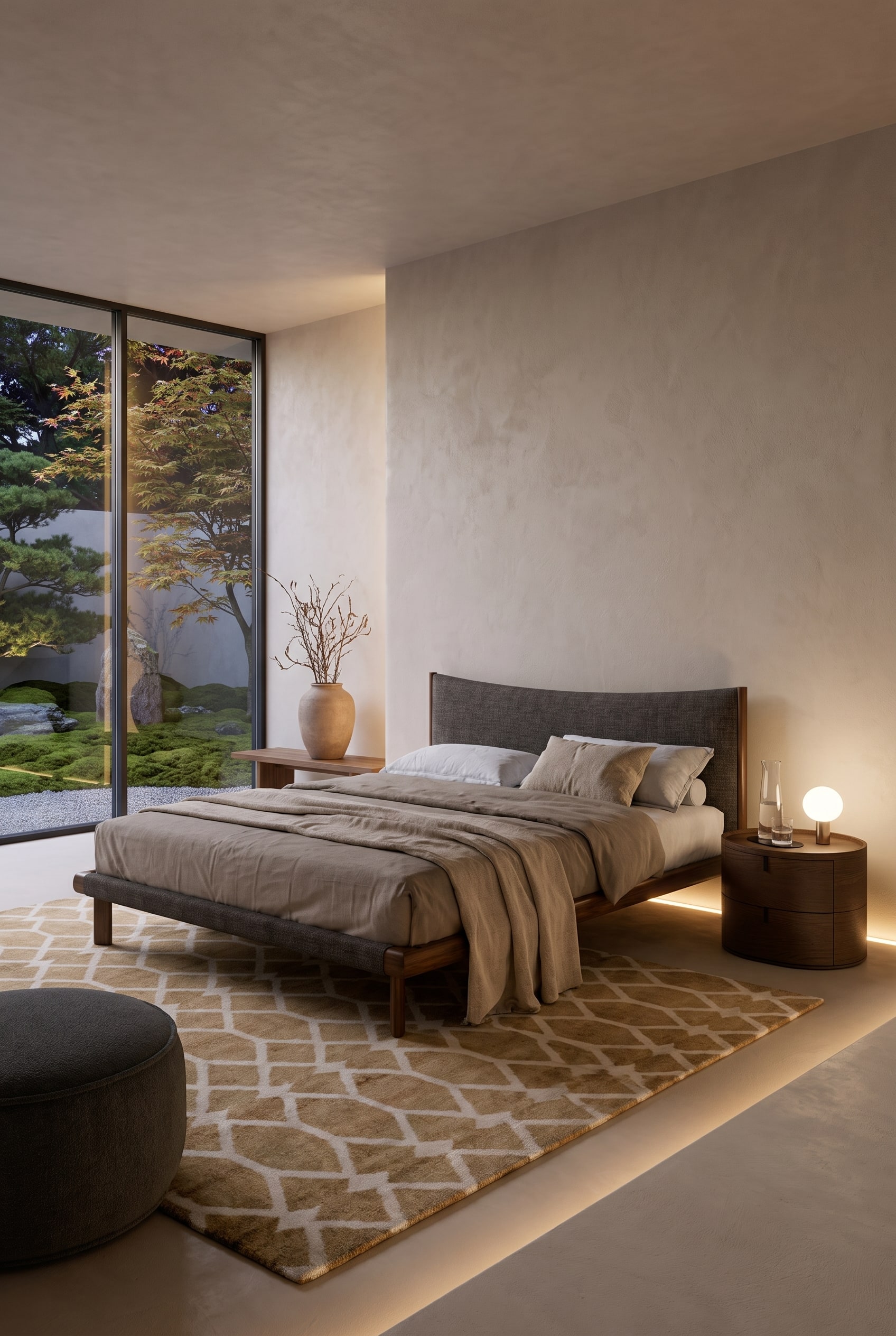 Chambre minimaliste de style Japandi avec lit en bois bas, table de chevet discrète et éclairage indirect chaud