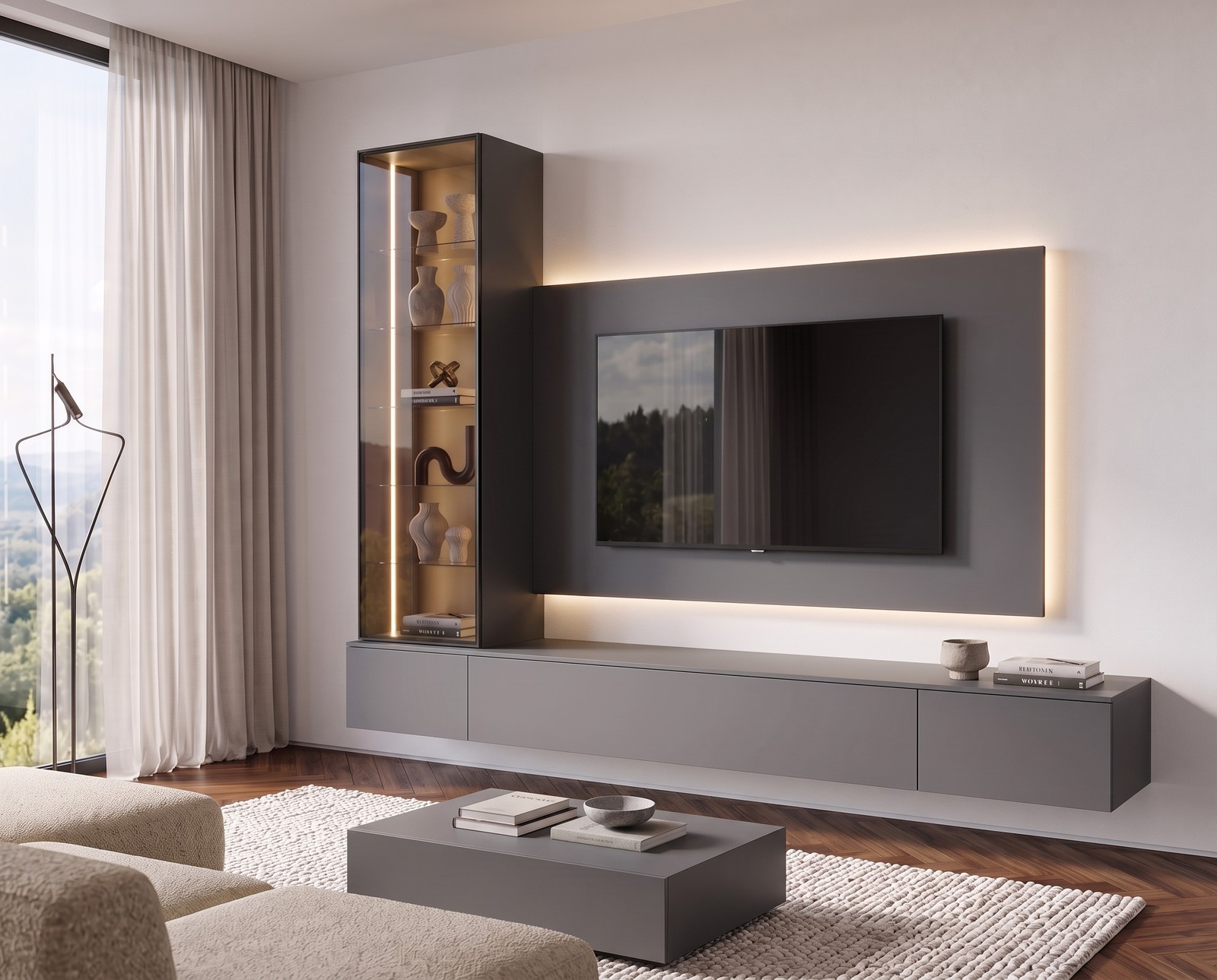 Livitalia C109 wall unit in dark grey in a living room