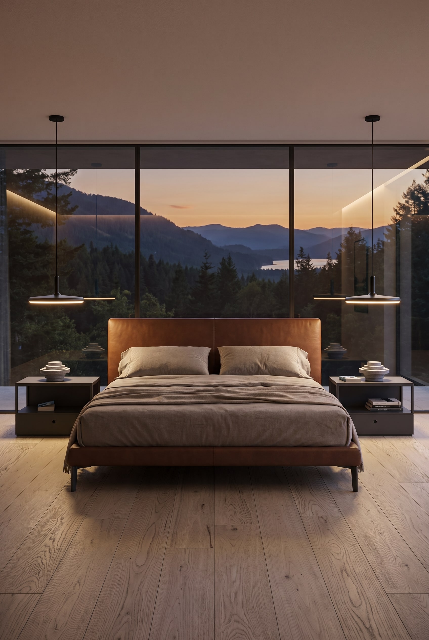 Symmetrisch ingerichte slaapkamer met twee Novamobili Nachtkastjes Square naast een elegant lederen bed