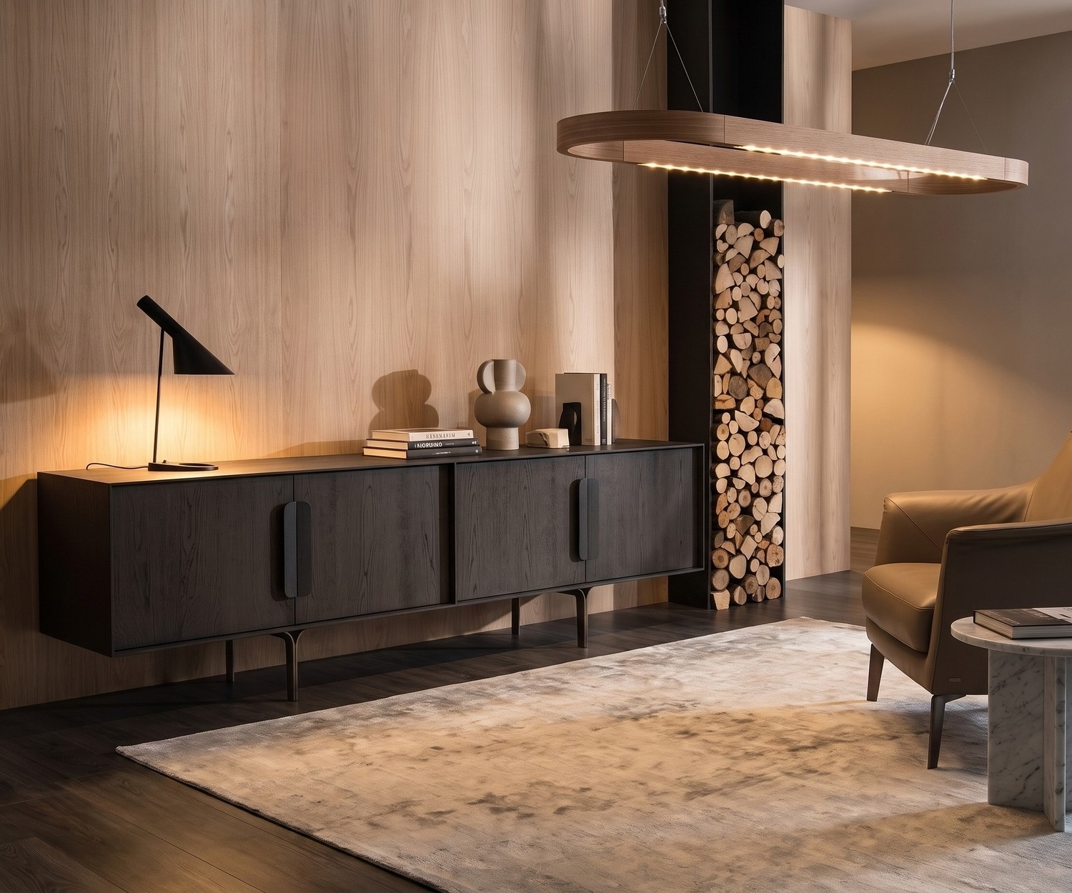 al2 Mobius 003 Design Sideboard aus dunkler Eiche für das Wohnzimmer, kombiniert mit gemütlicher Beleuchtung.