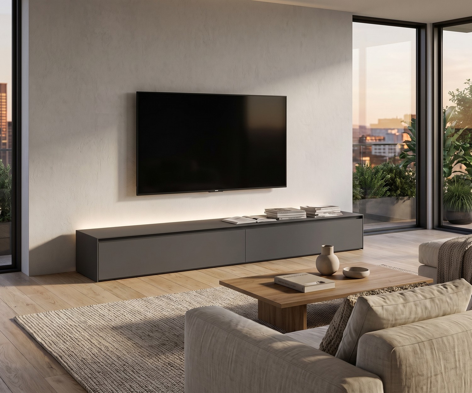 Novamobili Reverse TV lowboard in charcoal grey in a modern living room with wall-mounted TV, rug and coffee table.