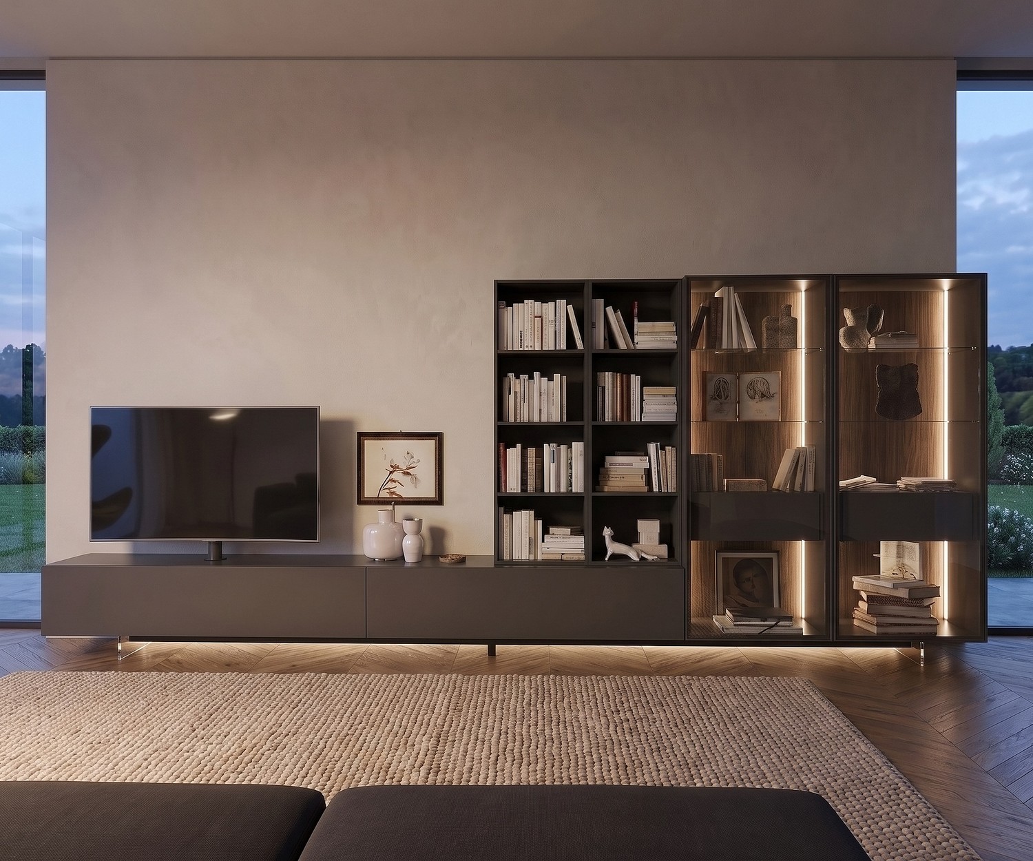 Livitalia transparent TV plinth for lowboards Livitalia transparent TV plinth for a floating effect under a modern living room media lowboard with LED lighting.