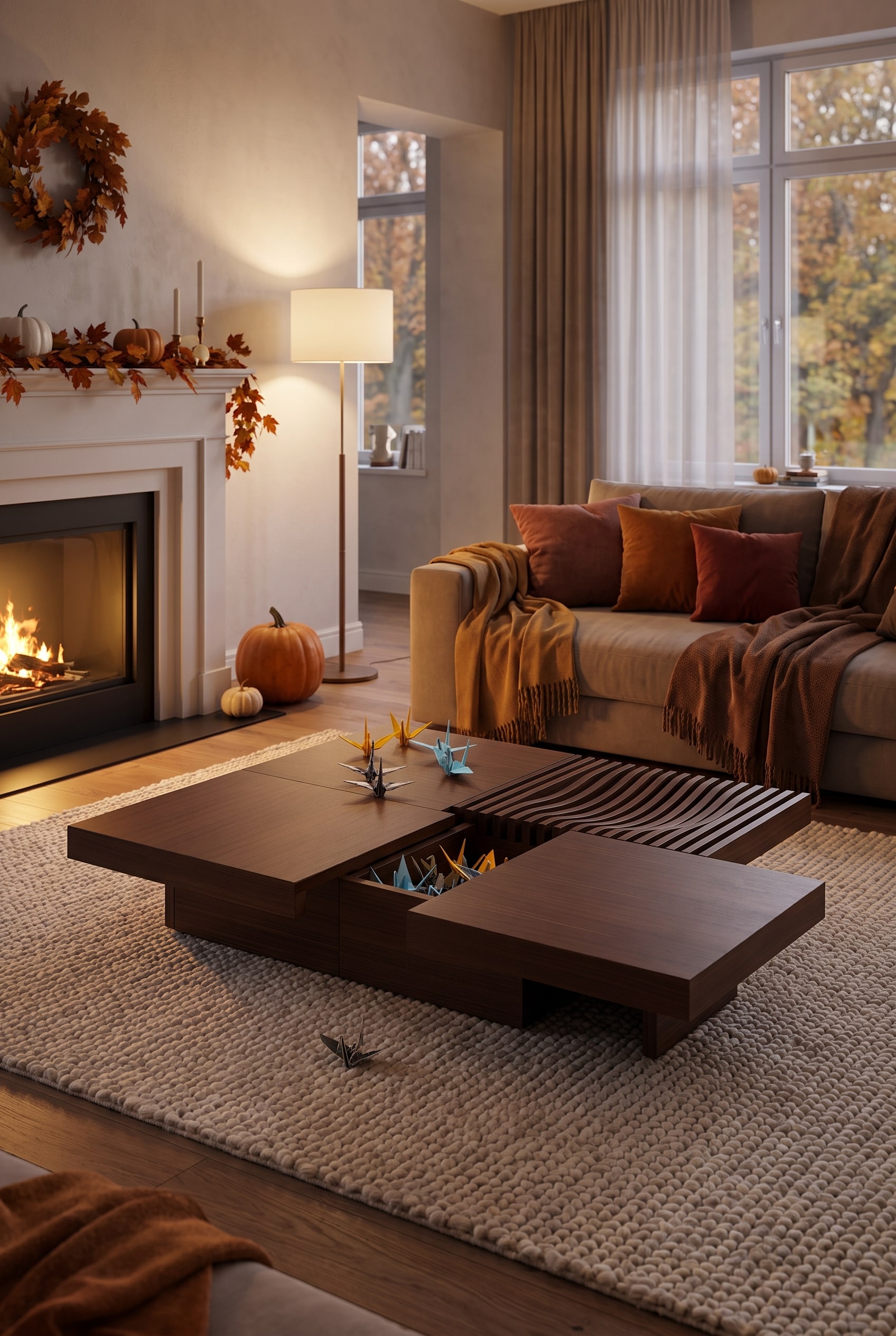 Dunkler Conde House Barringer Couchtisch aus massivem Holz als herbstliches Zentrum in einem modernen, gem&uuml;tlichen Wohnzimmer