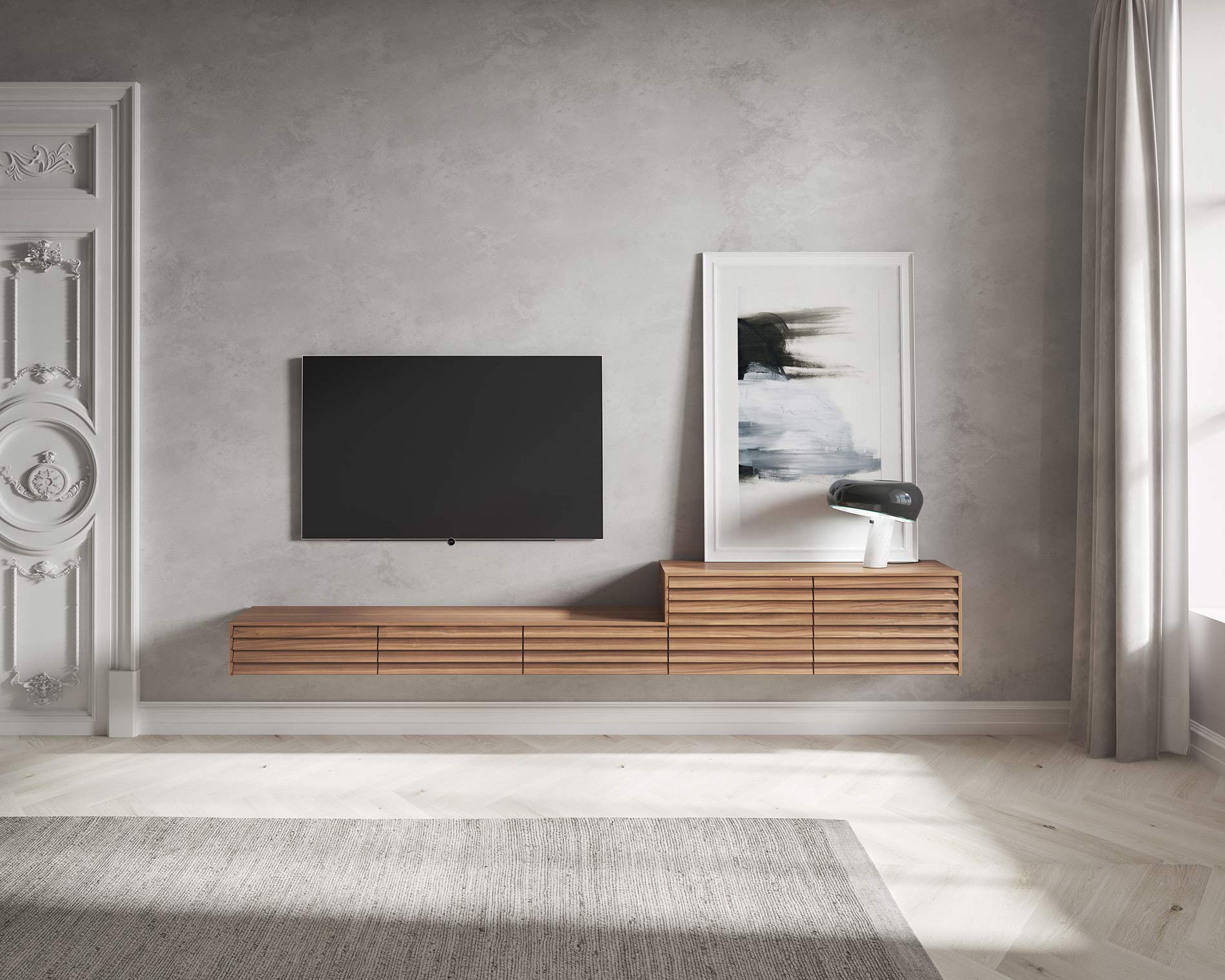 wohnzimmer mit designer lowboard und tv wandpaneel