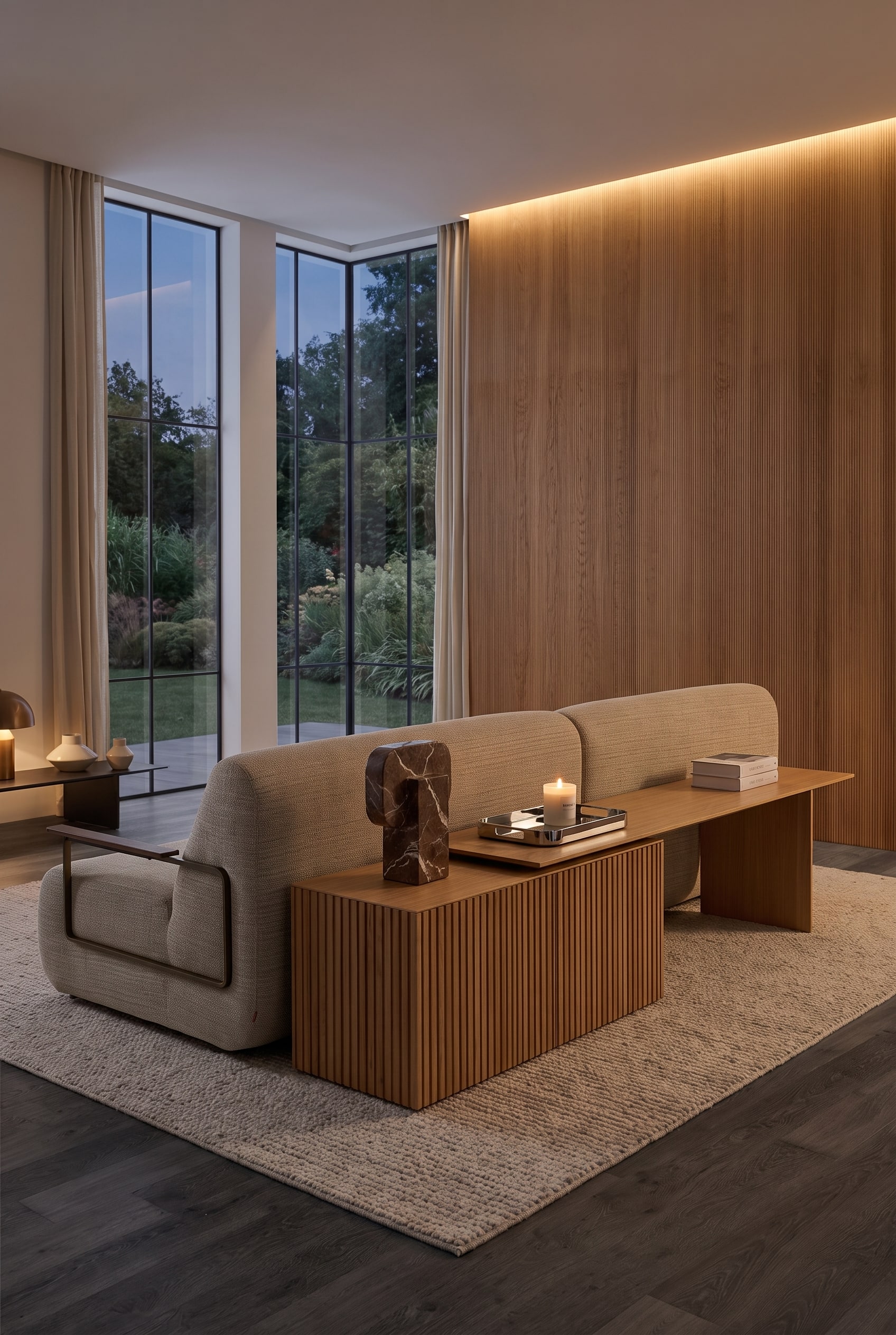 Een licht eiken dressoir staat als ruimteverdeler achter een beige bank, gedecoreerd met marmeren sculptuur en een chromen dienblad.