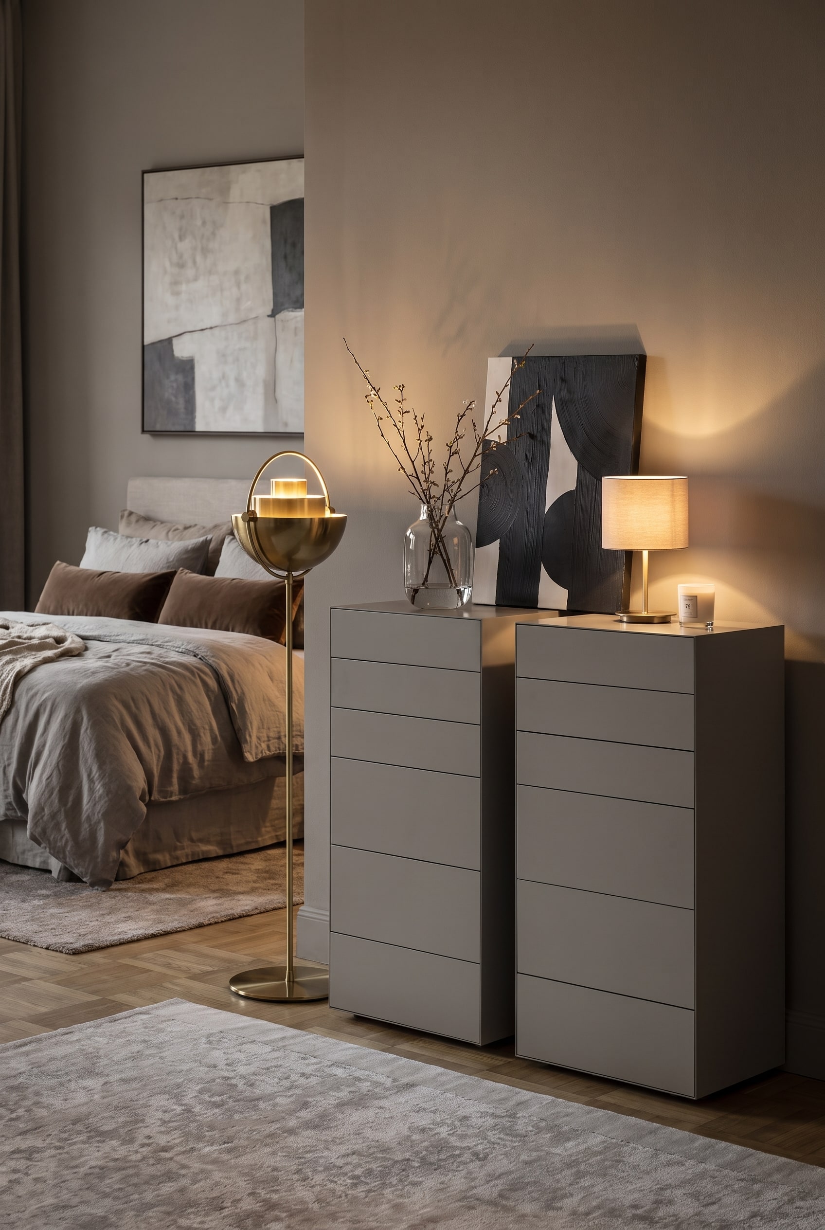 Camera da letto moderna color tortora con una cassettiera alta senza maniglie, biancheria da letto in lino e un'elegante lampada da terra.