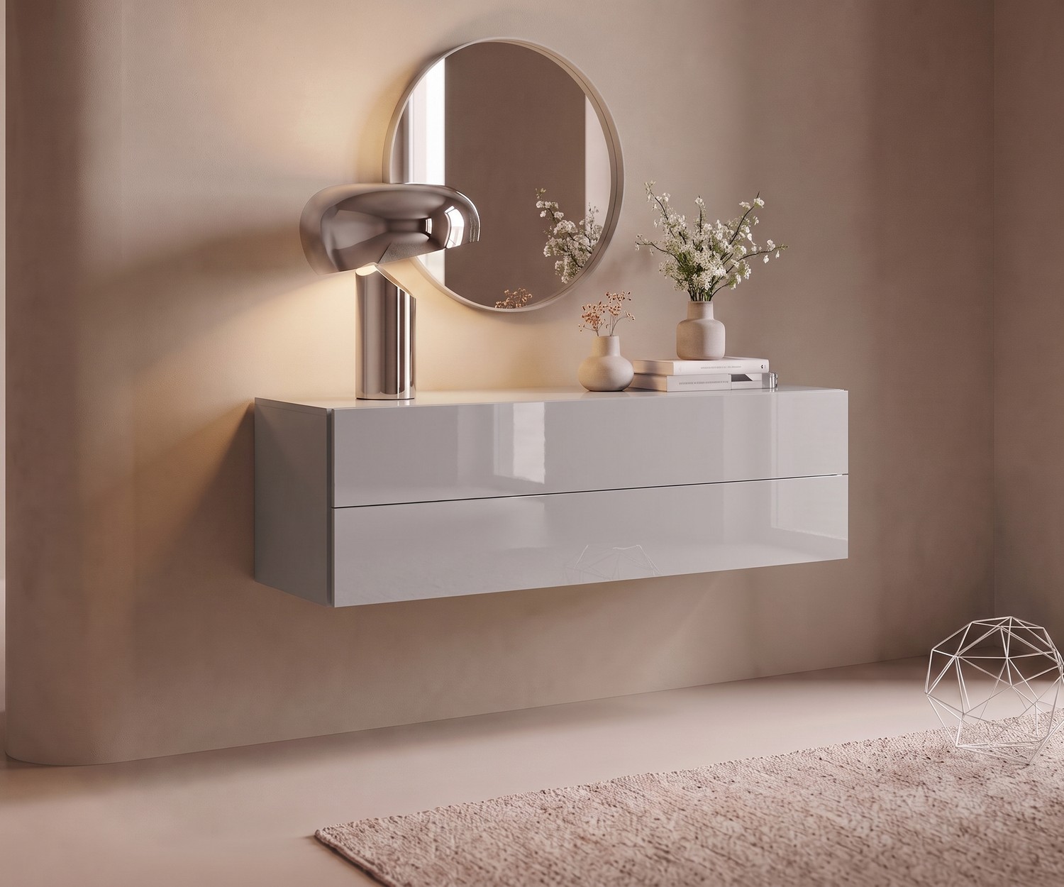 Hängekommode Easy von Novamobili für den Flur in Hellgrau, schwebendes Design-Sideboard mit zwei Schubladen.