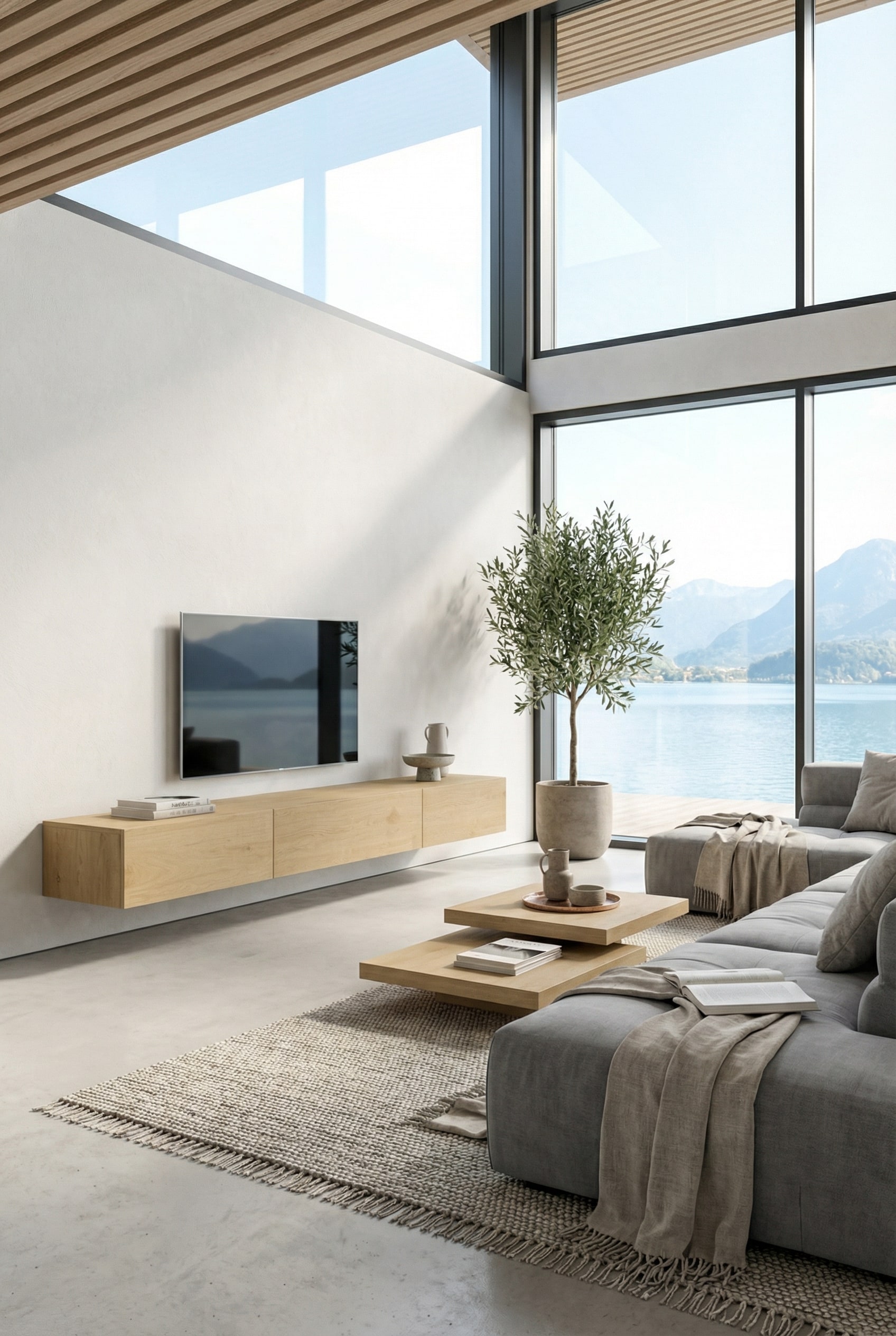 Lowboard flottant en bois clair sur un mur blanc avec une t&eacute;l&eacute;vision moderne