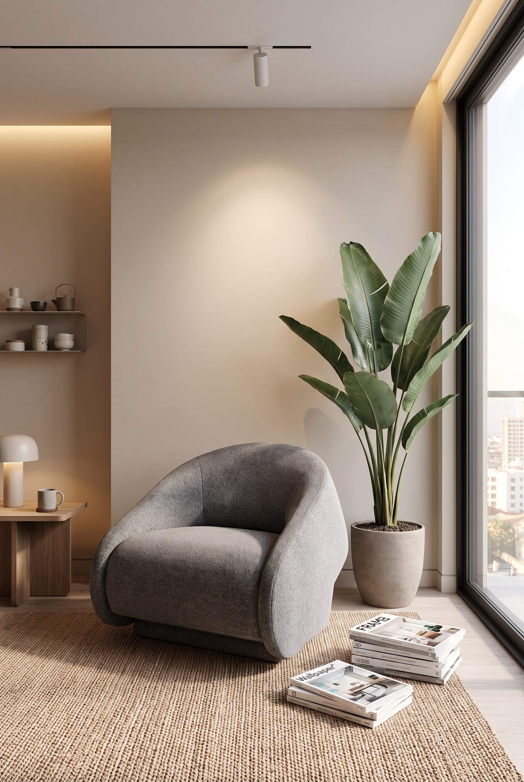 Kleine, modern ingerichte hoek met een sculpturale slaapfauteuil in grijs, die naar voren uitklapbaar is tot een logeerbed.