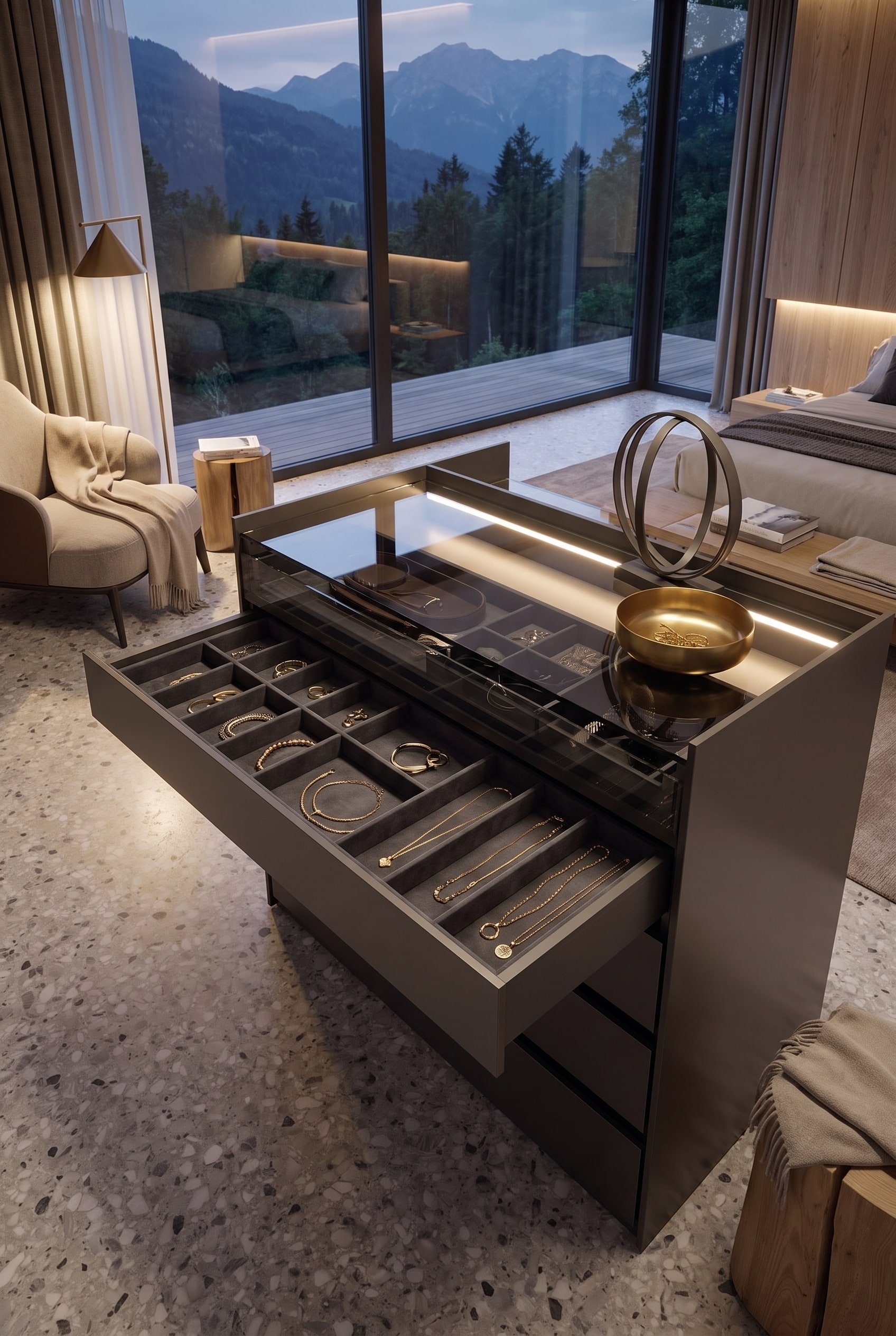 Geopende lade van een elegant kledingkast-eiland, waarin gouden kettingen plat op een zacht fluwelen raster liggen