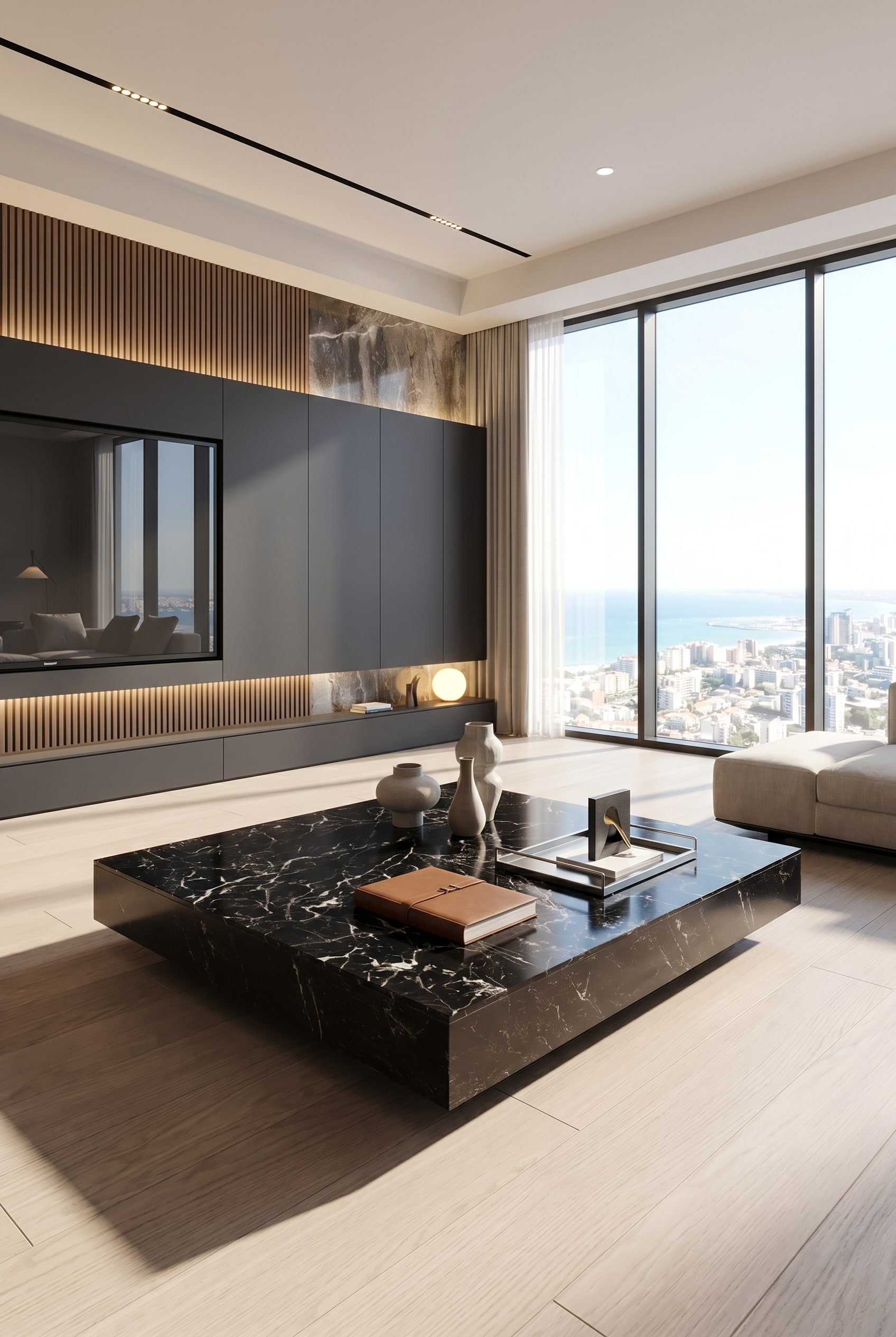 Dunkle, elegante Wohnwand nach Maß in einem ansonsten hellen Raum, demonstriert die 60-30-10 Farbregel Dunkle, elegante Wohnwand nach Maß in einem ansonsten hellen Raum, demonstriert die 60-30-10 Farbregel