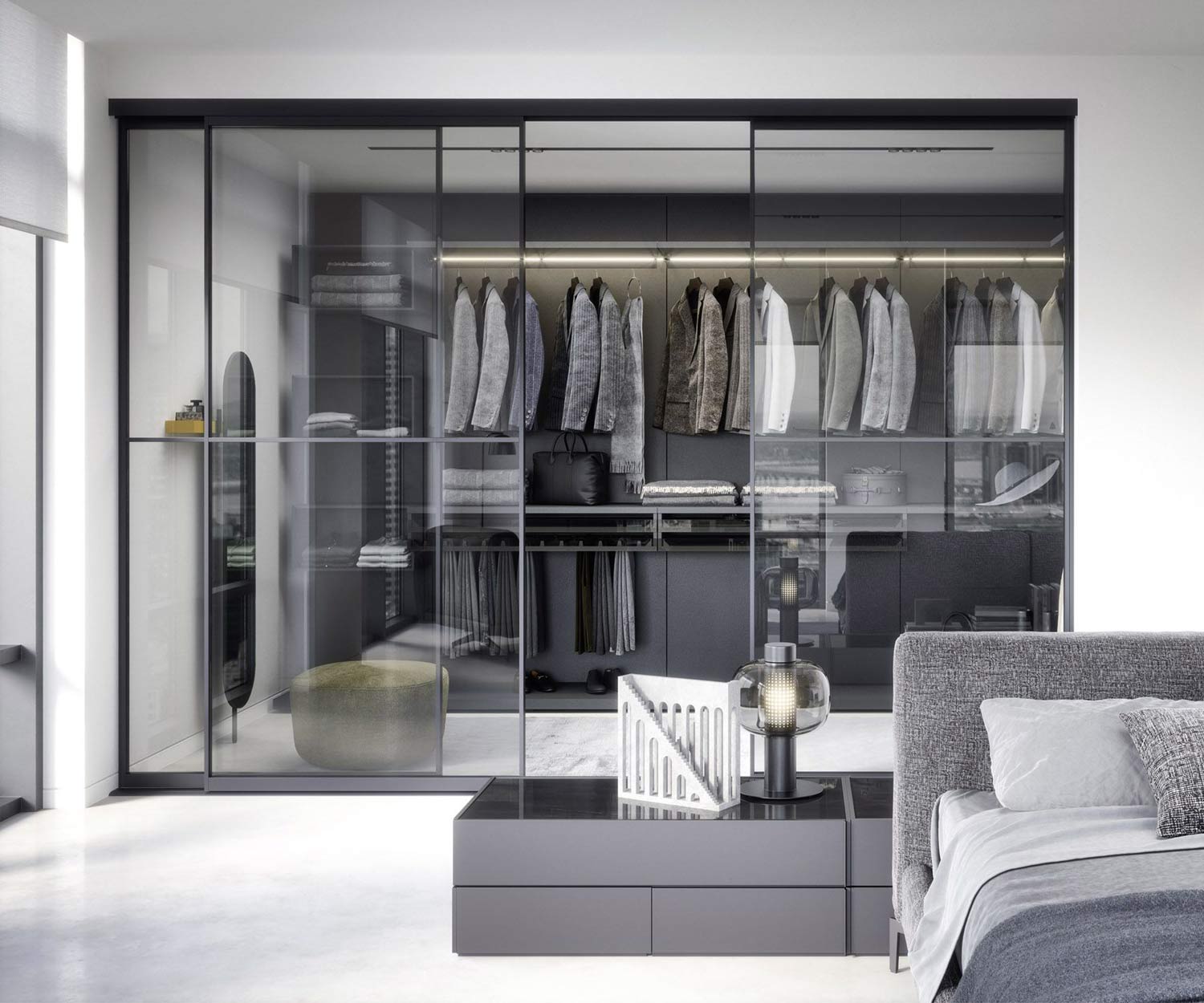 Luxus Ankleide begehbarer Kleiderschrank Schlafzimmer Dunkel Matt LED