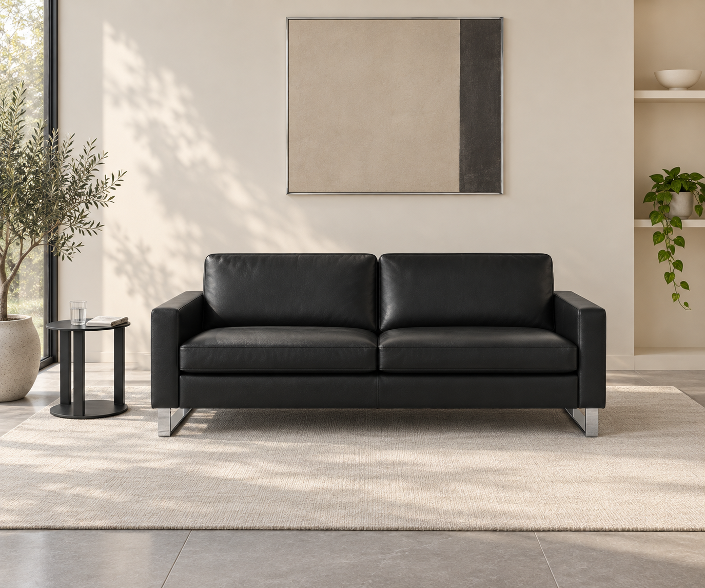 Livitalia Sofa Vinaro, 206 × 91 cm, Seminole 04 Black, genuine leather, chrome runners – Front view without coffee table Livitalia Sofa Vinaro, 206 × 91 cm, Seminole 04 Black, genuine leather, chrome runners – Front view without coffee table