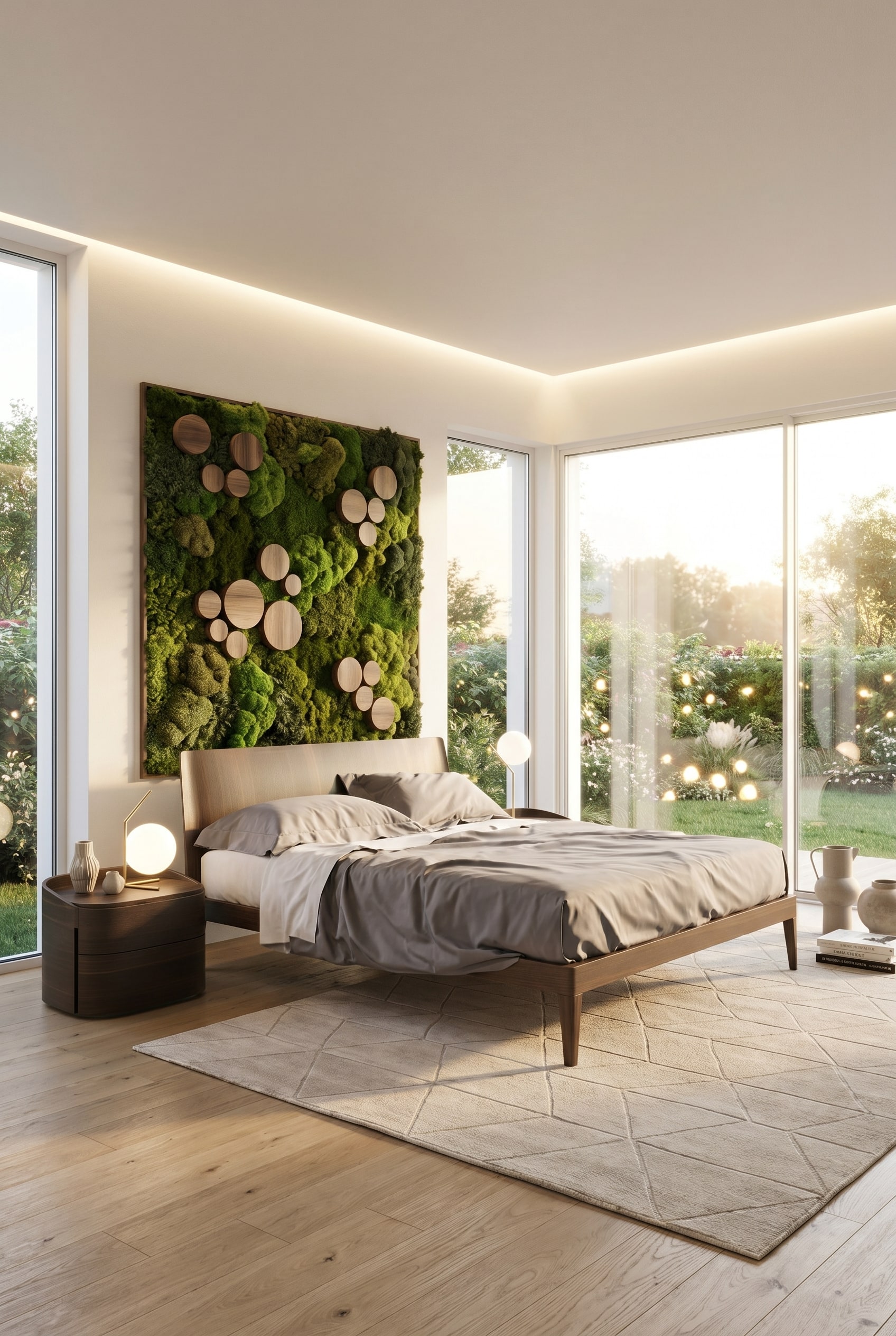 Camera da letto luminosa con un letto in legno, affiancato da due comodini rotondi e cilindrici in legno scuro su un tappeto chiaro