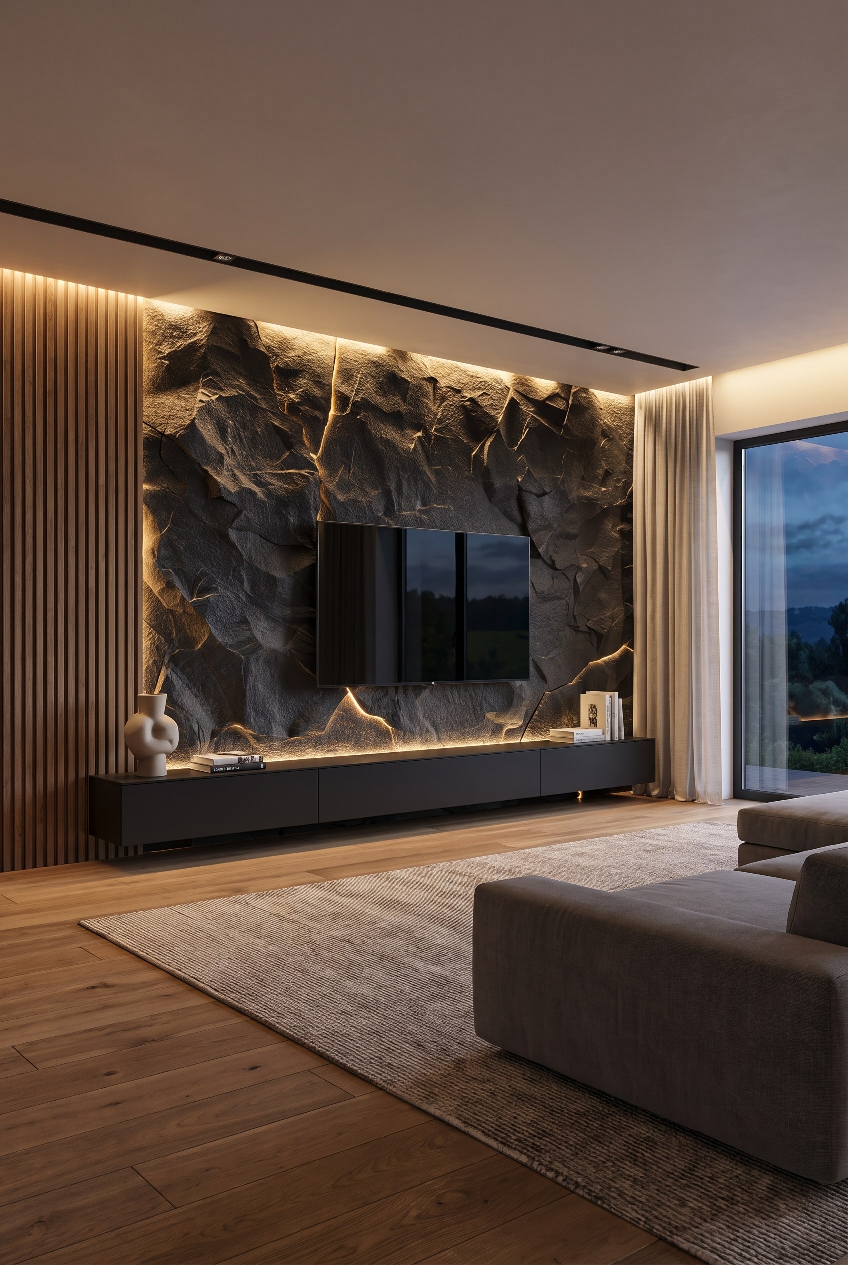 A handleless, three-meter long lowboard in matte greige, centered as a calm baseline on a four-meter wide wall.