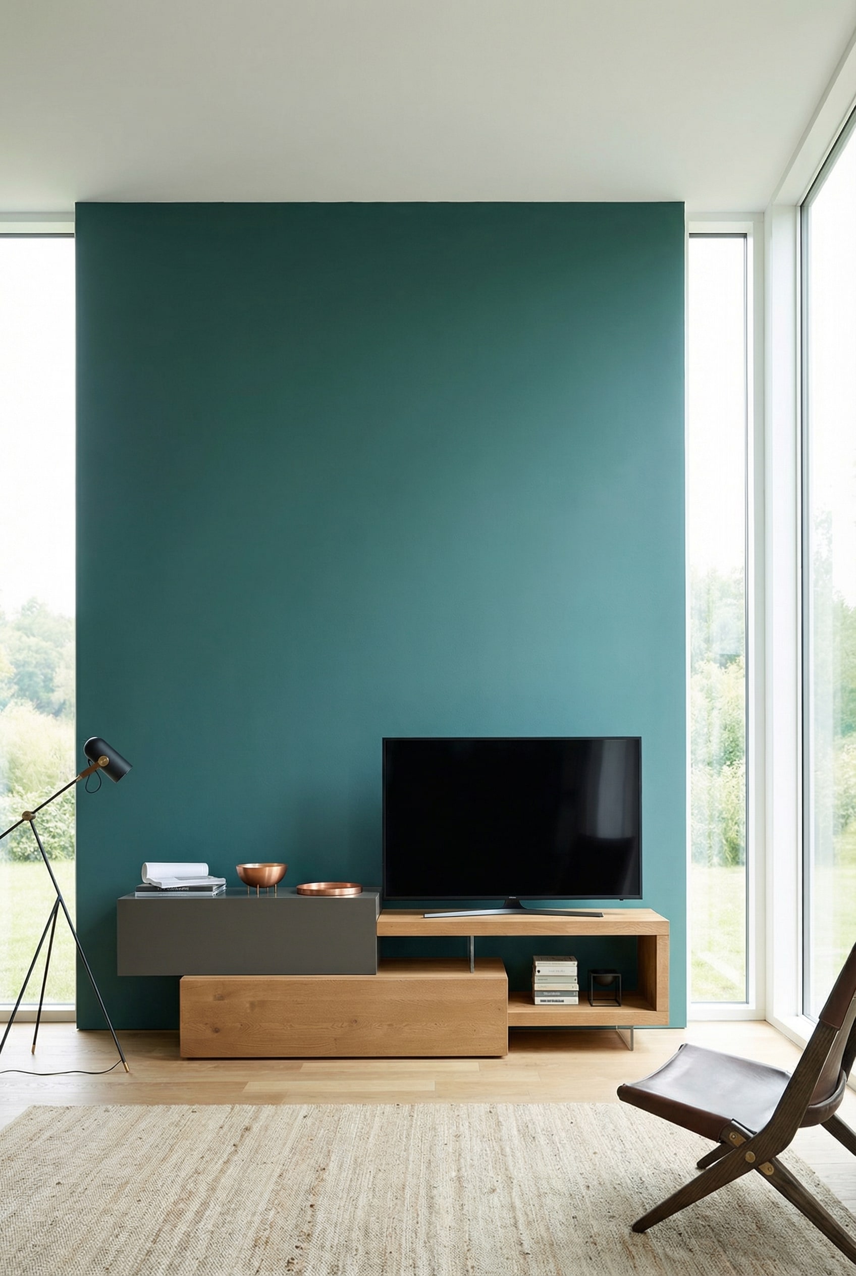 Wall unit with wooden elements in front of a petrol-colored wall