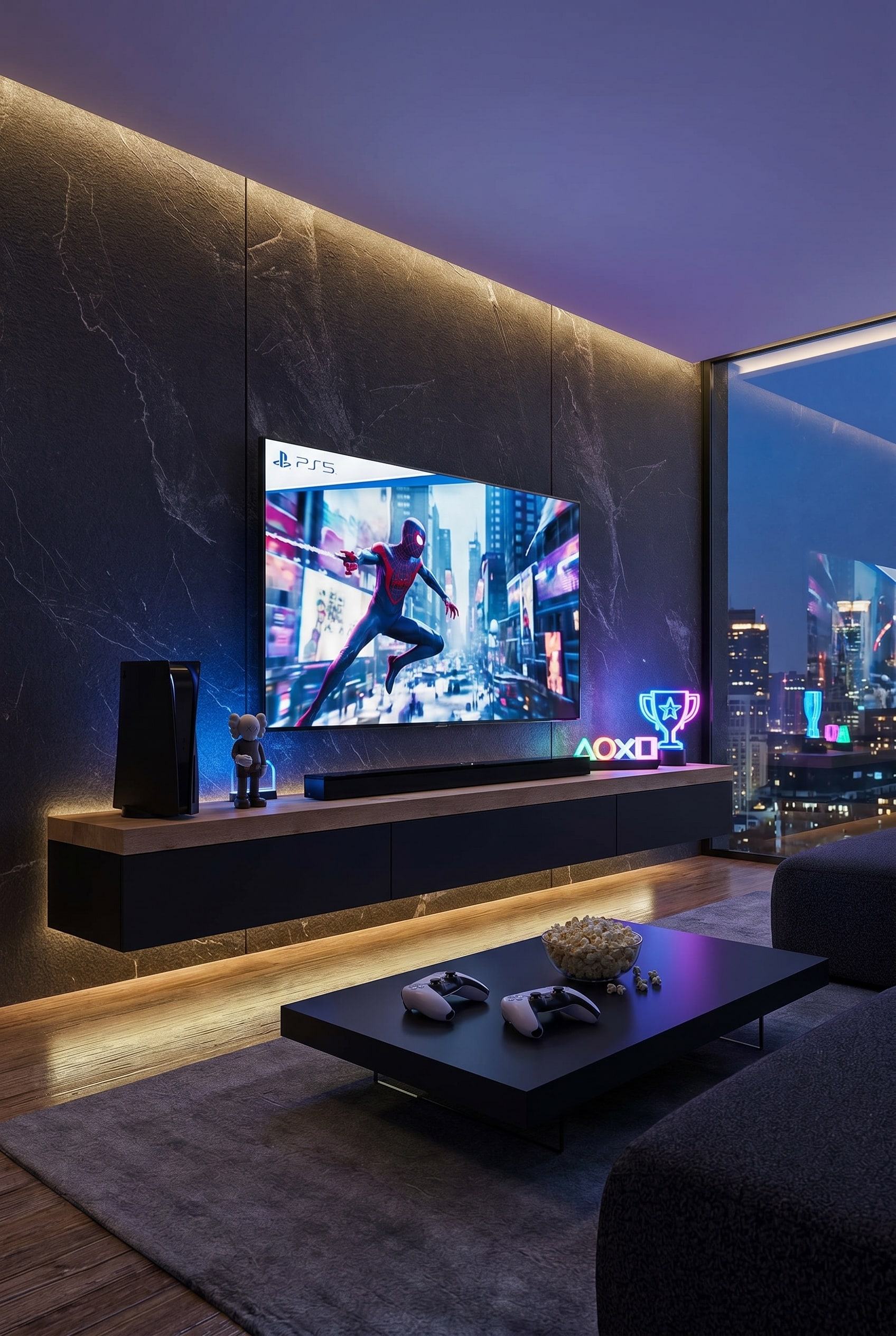 Soggiorno scuro con mobile basso nero massiccio, piano di copertura spesso e grande Big Sofa grigio