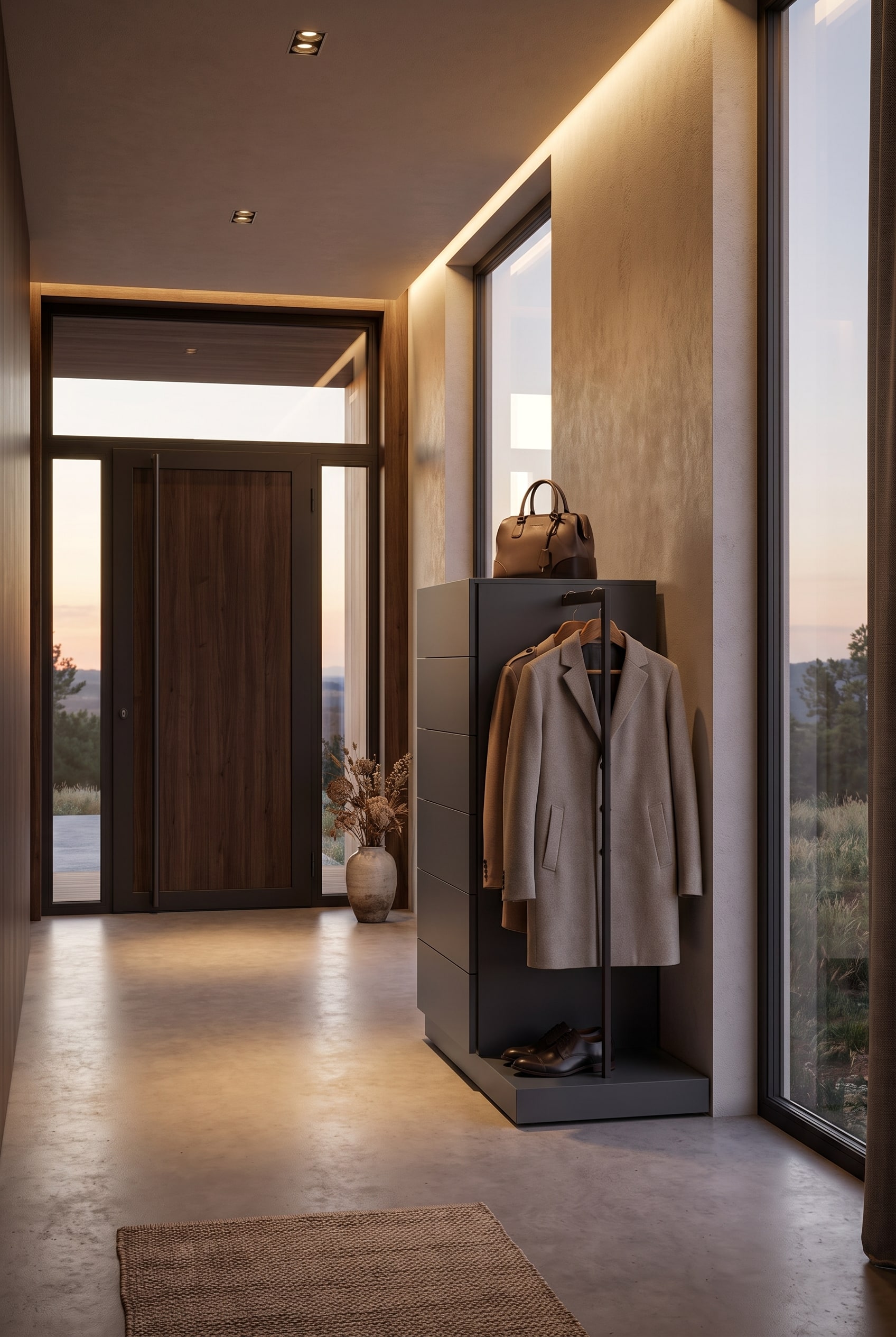 Moderne Novamobili Hoge Commode Easy 6 met garderobepaneel in een elegante hal, met daarop een handtas en aan de haken jassen van gasten.