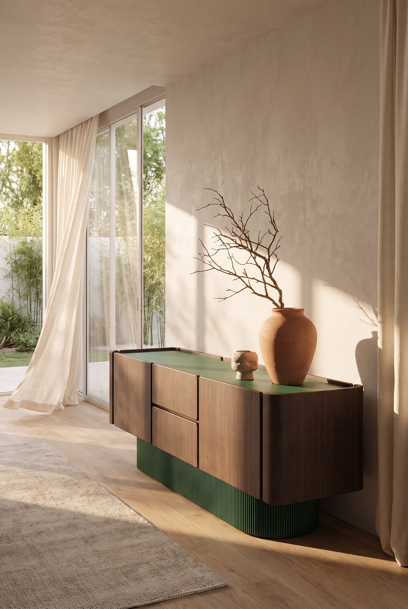 Light-filled living room with a rounded wooden sideboard, on which sits an unglazed clay vase with a gnarled oak branch