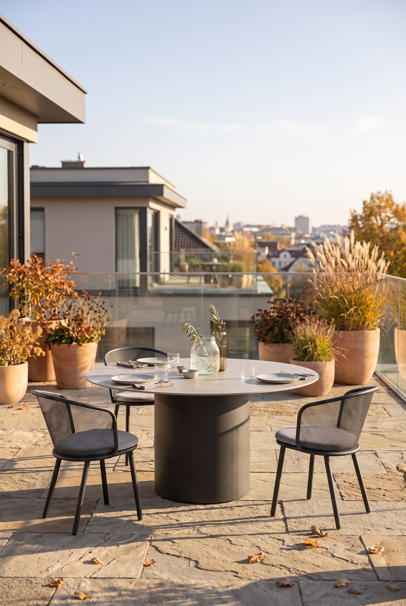 Table à manger d'extérieur minimaliste en anthracite avec un plateau très plat sur une terrasse en pierre naturelle