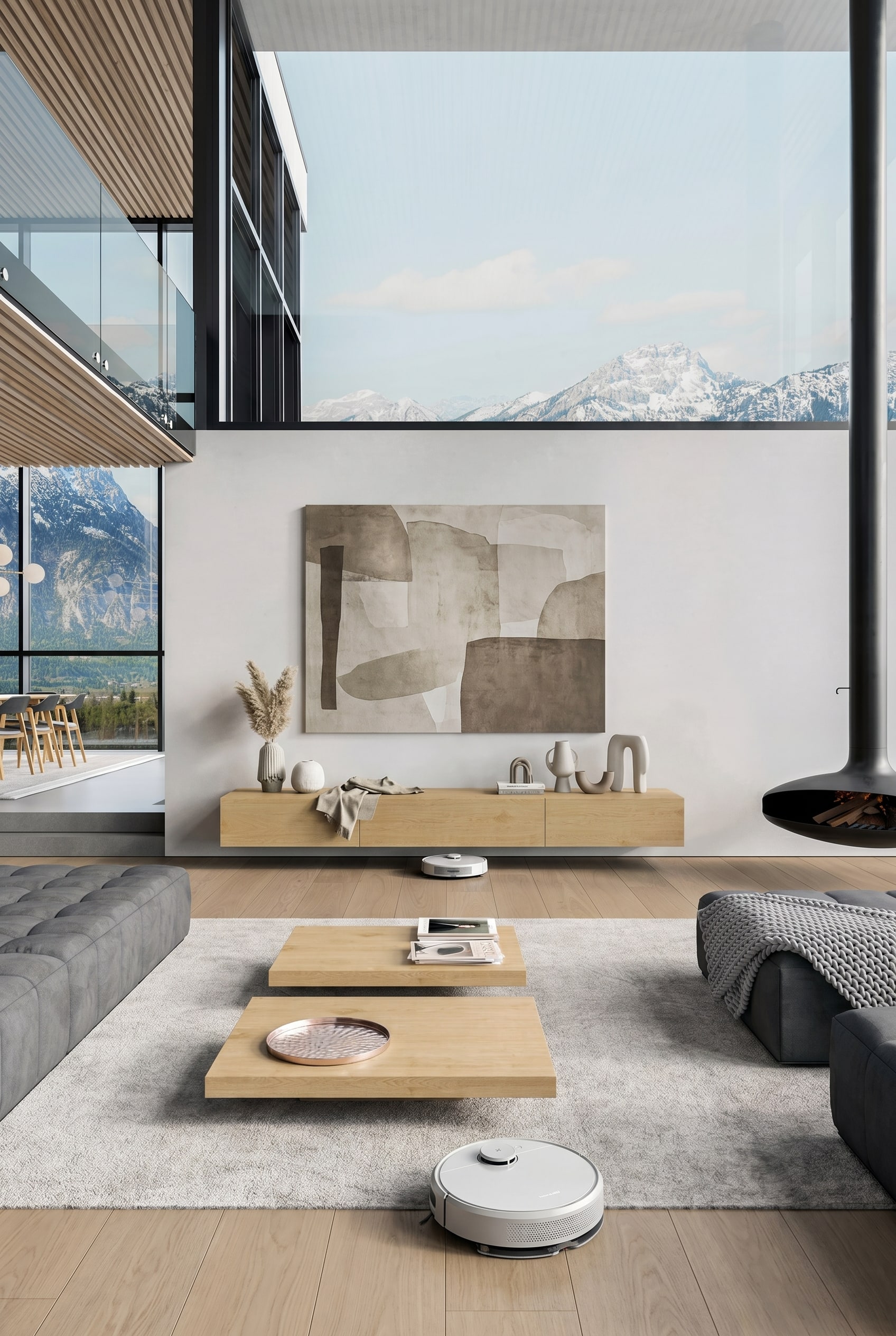 Soggiorno moderno con lowboard in legno massello sospeso e robot aspirapolvere intelligente sul pavimento