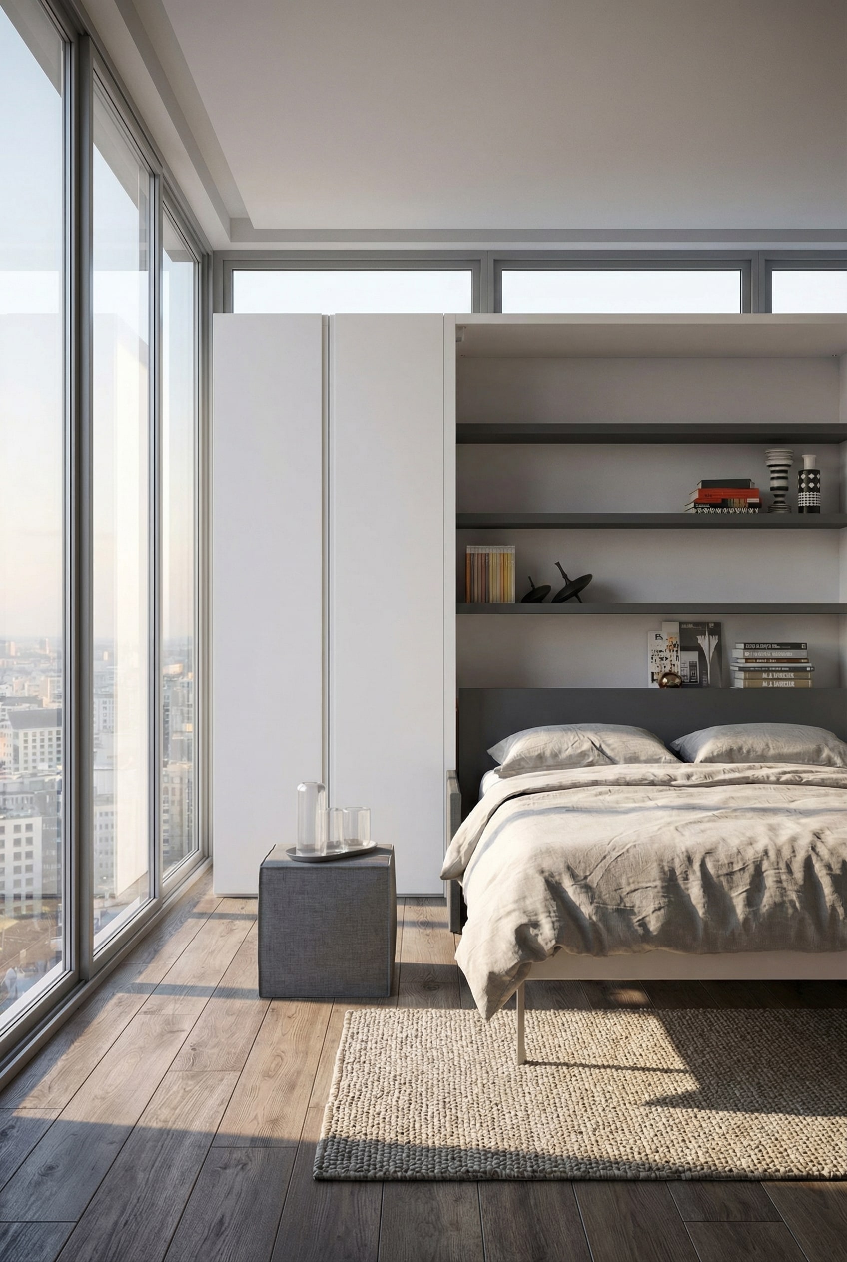 Compact wall bed perfectly integrated into a narrow niche of a modern room