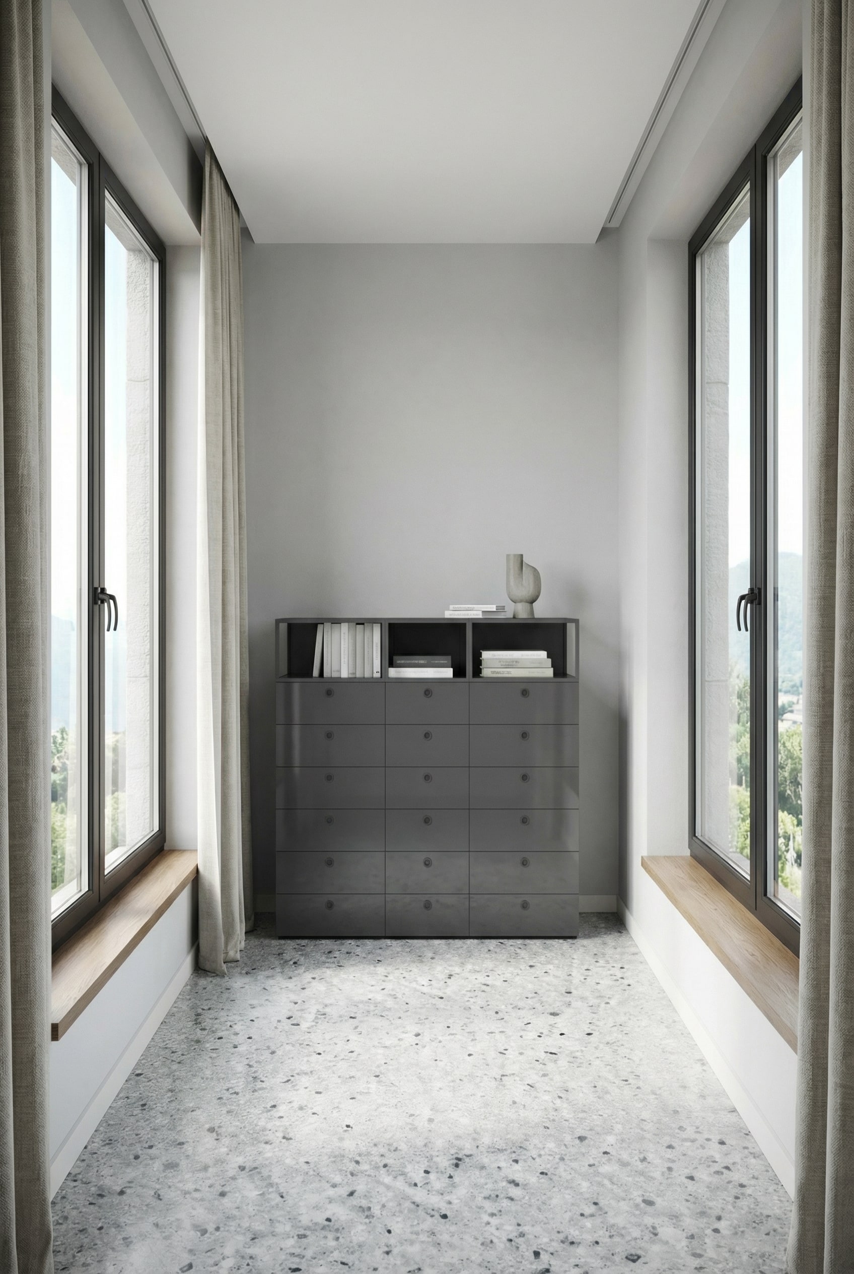 Slim, tall designer chest of drawers in a modern hallway with plenty of floor clearance. Slim, tall designer chest of drawers in a modern hallway with plenty of floor clearance.