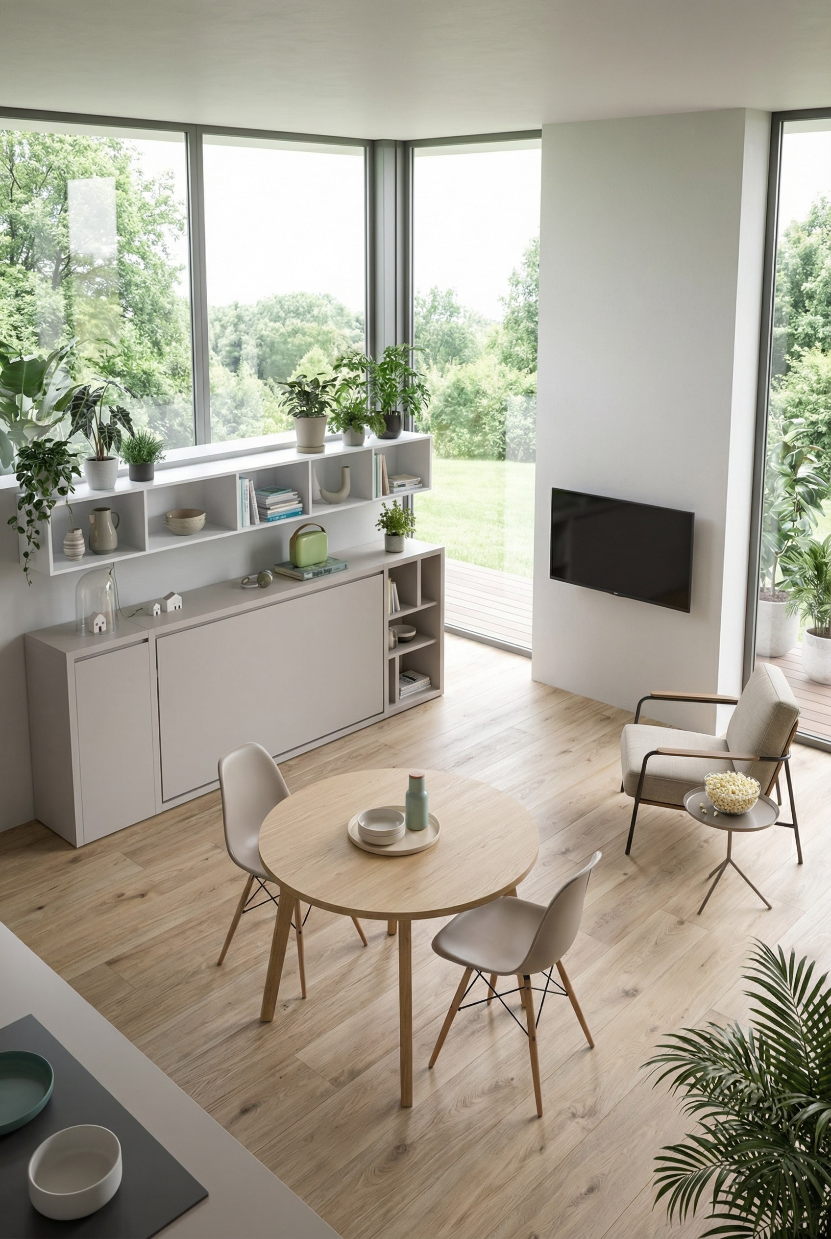 Horizontally opening wall bed in a minimalist studio apartment