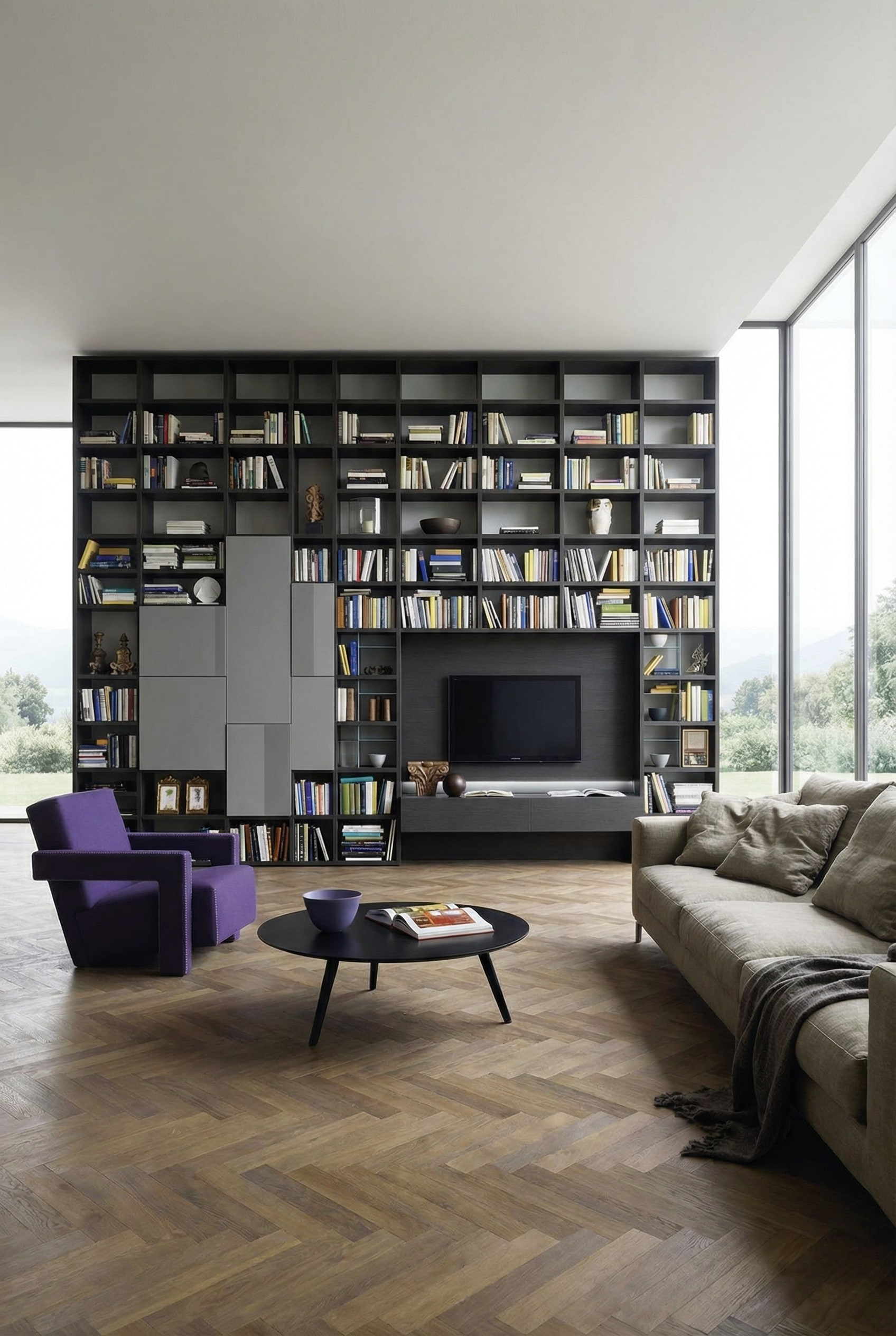 &Eacute;tag&egrave;re de salon Livitalia C54 fonc&eacute;e avec livres et &eacute;l&eacute;ments de d&eacute;coration parfaitement proportionn&eacute;s selon la r&egrave;gle 60-30-10.