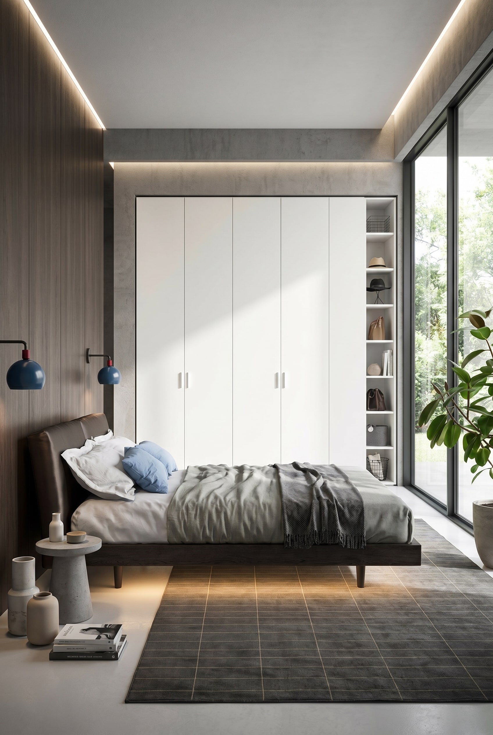 Camera da letto moderna e luminosa con armadio bianco a tutta altezza con ante a battente e grandi finestre sulla natura