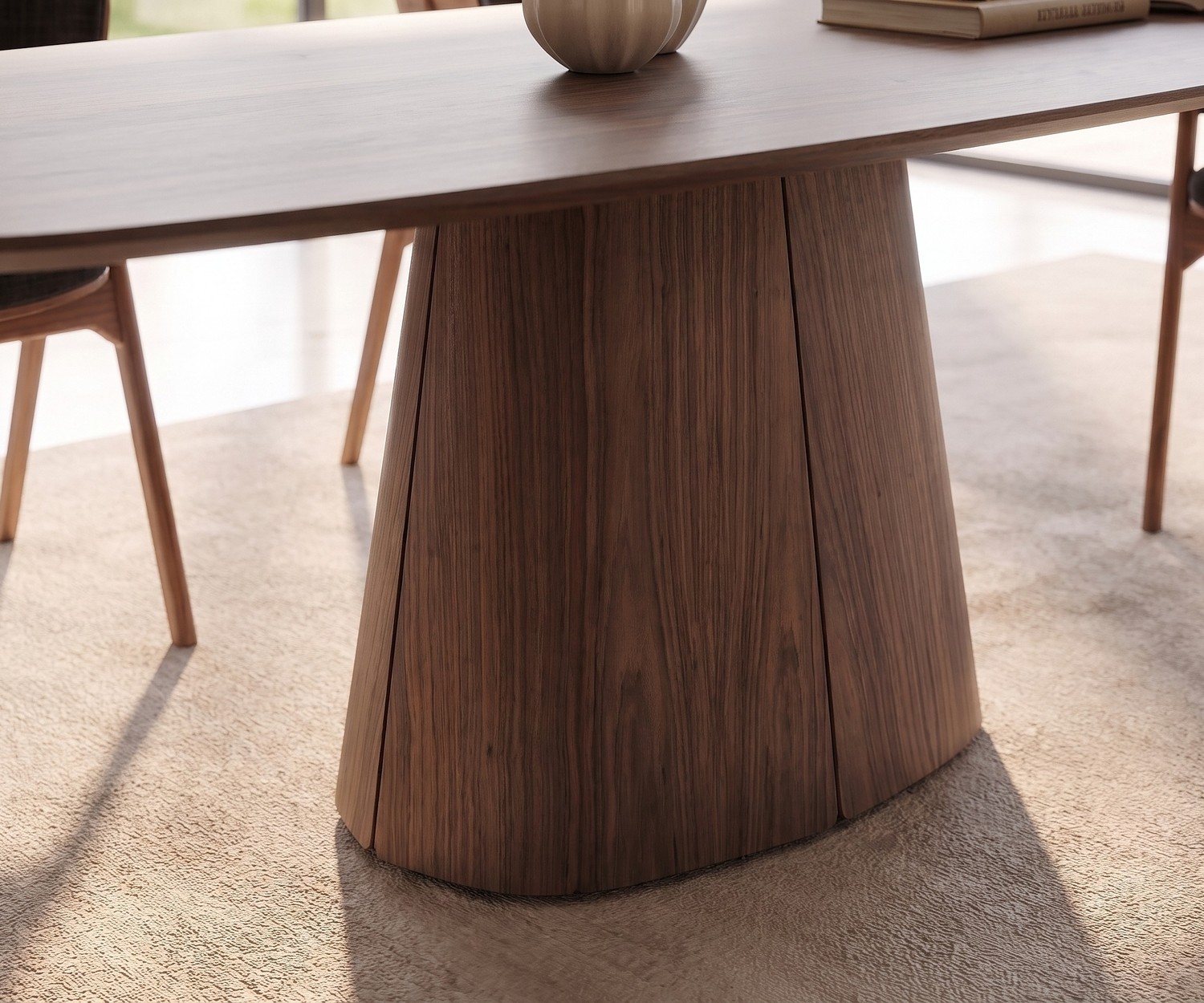 al2 tessera 001 dining table with wooden pedestal Dining table al2 tessera 001 for family meals, featuring a modern wooden pedestal base in a warm dining room.