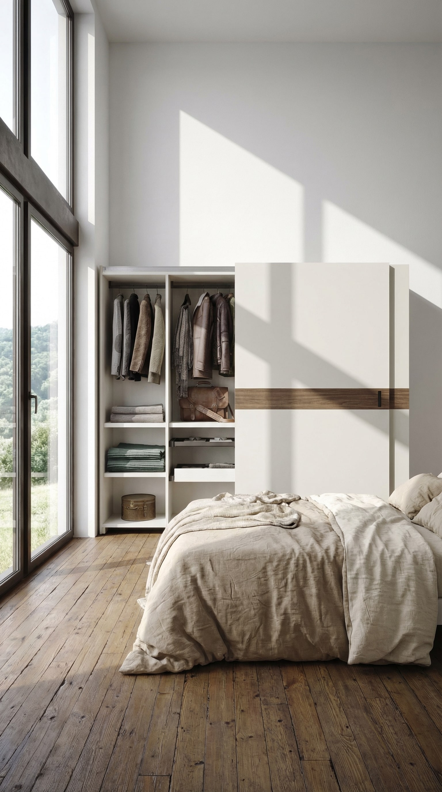 Une armoire à portes coulissantes affleurantes dans une chambre à coucher, jouxtant le lit. Une armoire à portes coulissantes affleurantes dans une chambre à coucher, jouxtant le lit.
