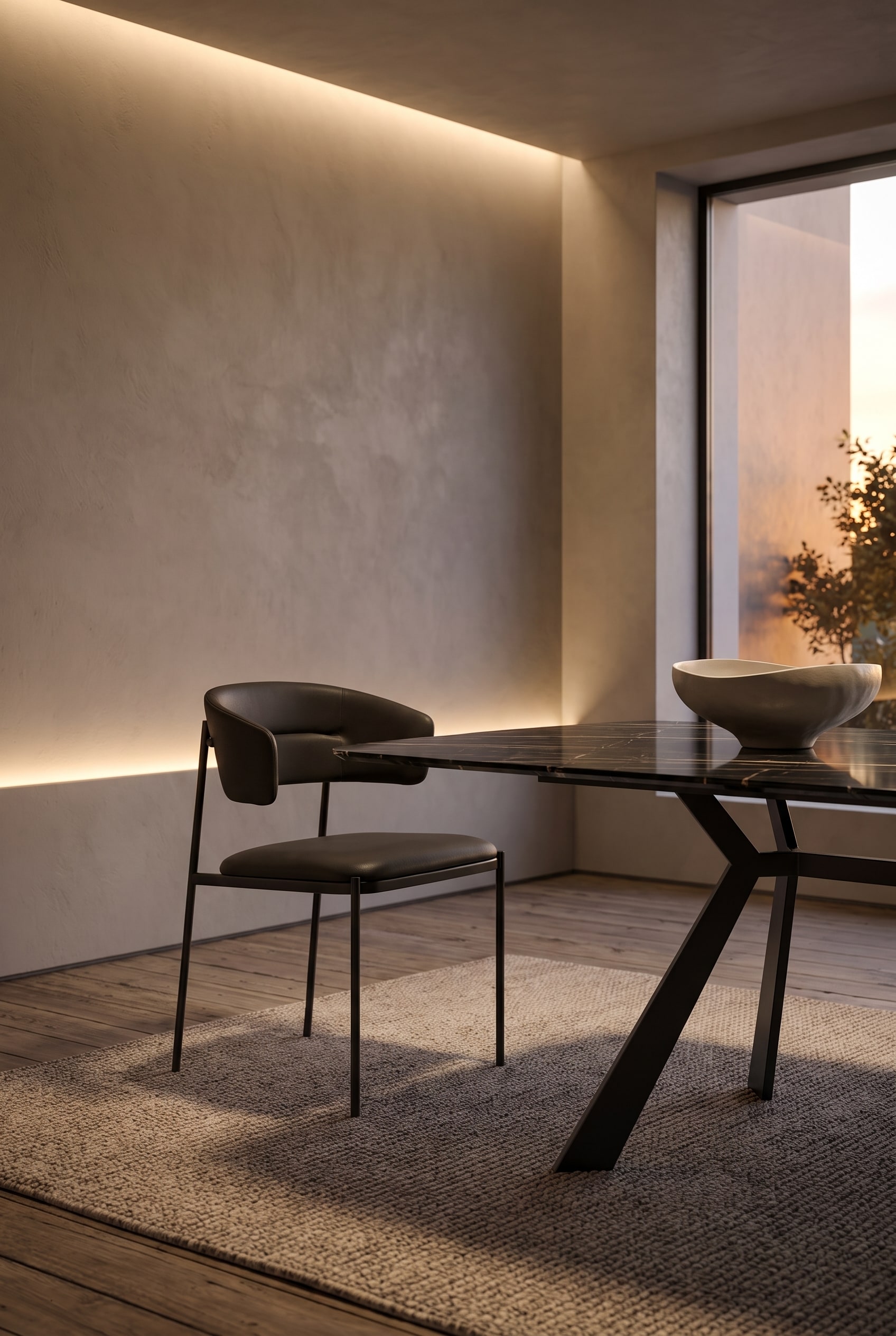 Moderne Italiaanse eetkamer met opvallende stoel van zwart metalen frame en lederen rugleuning