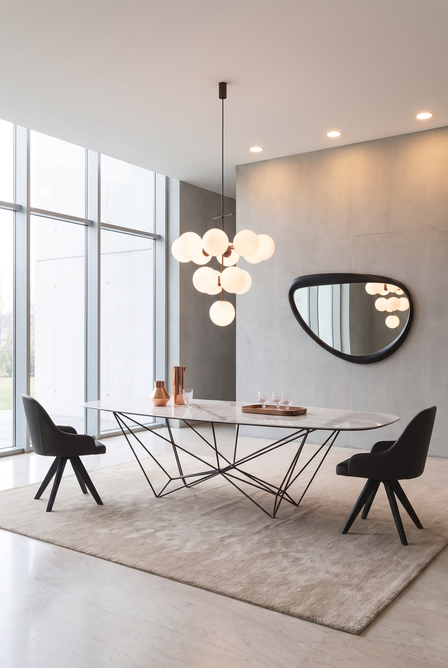 Een extreem lange, moderne eettafel met een sculpturaal metalen onderstel staat als architectonisch centrum in een ruime, lichte eetkamer.