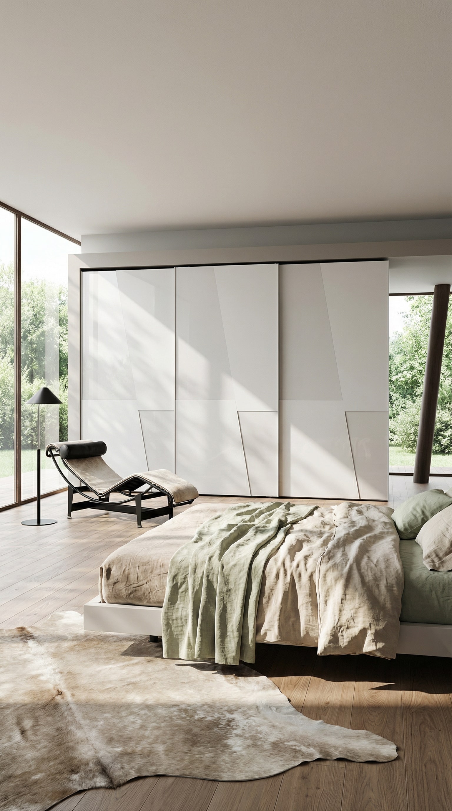 Modern spring bedroom with the Livitalia Diagonal Sliding Door Wardrobe, whose diagonal lines loosen up the design.