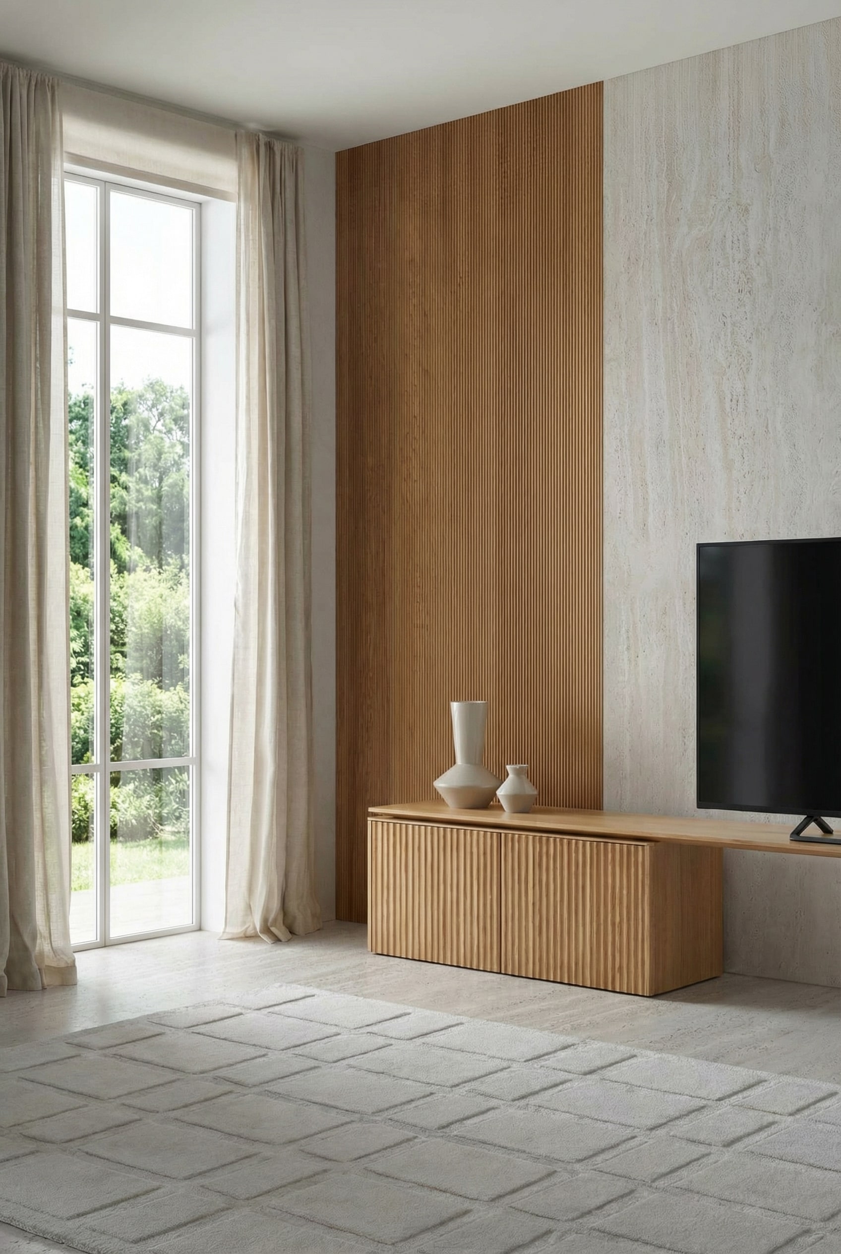 Meuble TV &eacute;l&eacute;gant en bois avec fa&ccedil;ades &agrave; rainures verticales dans un salon lumineux et moderne