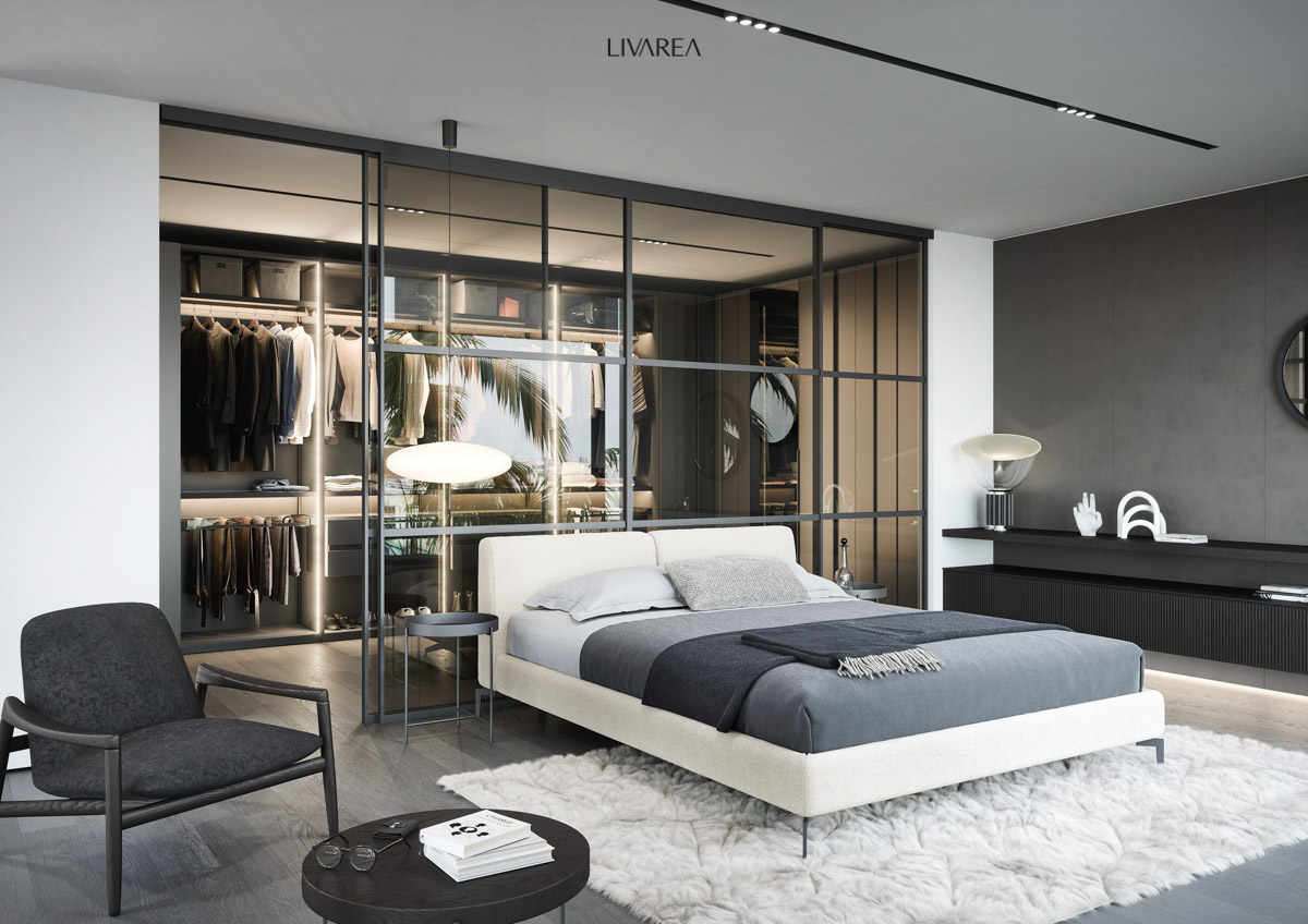 Exklusiver schlafzimmer schrank mit durchsichtigen schiebeturen abgetrennt in beige lackiert mit led beleuchtung hosenhalter schubladen Exklusiver schlafzimmer schrank mit durchsichtigen schiebeturen abgetrennt in beige lackiert mit led beleuchtung hosenhalter schubladen