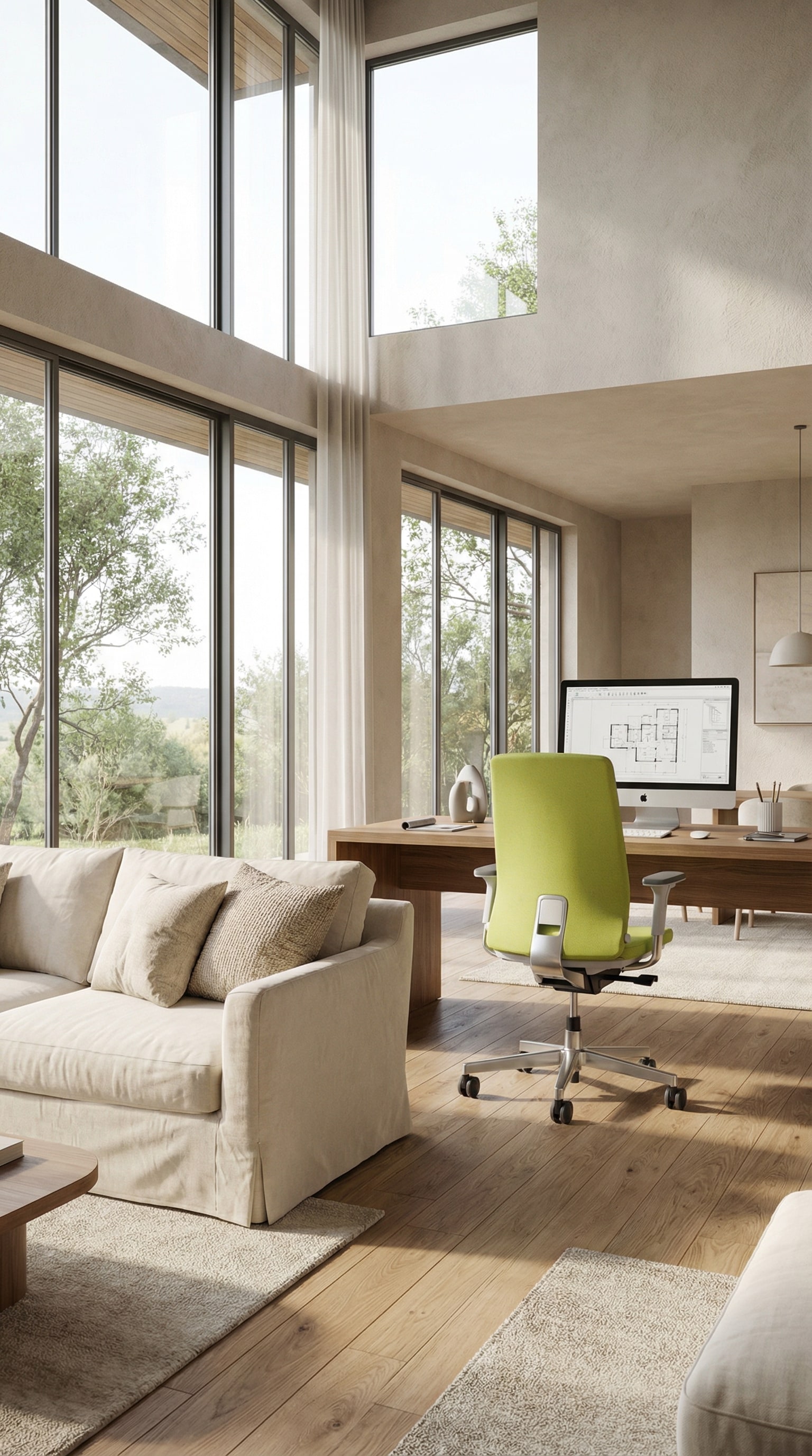 Der ICF Pyla ergonomische Bürostuhl mit feinem Netzgewebe an einem modernen Schreibtisch im lichtdurchfluteten Wohnbereich Der ICF Pyla ergonomische Bürostuhl mit feinem Netzgewebe an einem modernen Schreibtisch im lichtdurchfluteten Wohnbereich