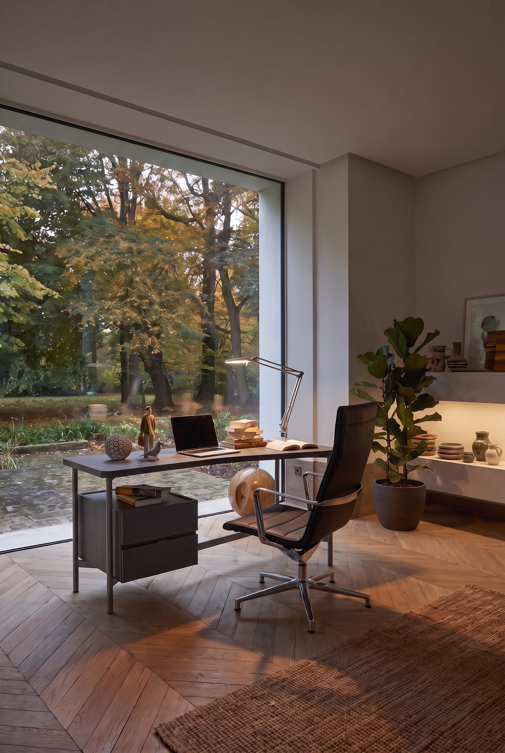 hochwertige büromöbel: Modernes Home Office mit dunklem Schreibtisch am Fenster, beleuchteten Wandregalen und einer Chromleuchte. hochwertige büromöbel: Modernes Home Office mit dunklem Schreibtisch am Fenster, beleuchteten Wandregalen und einer Chromleuchte.