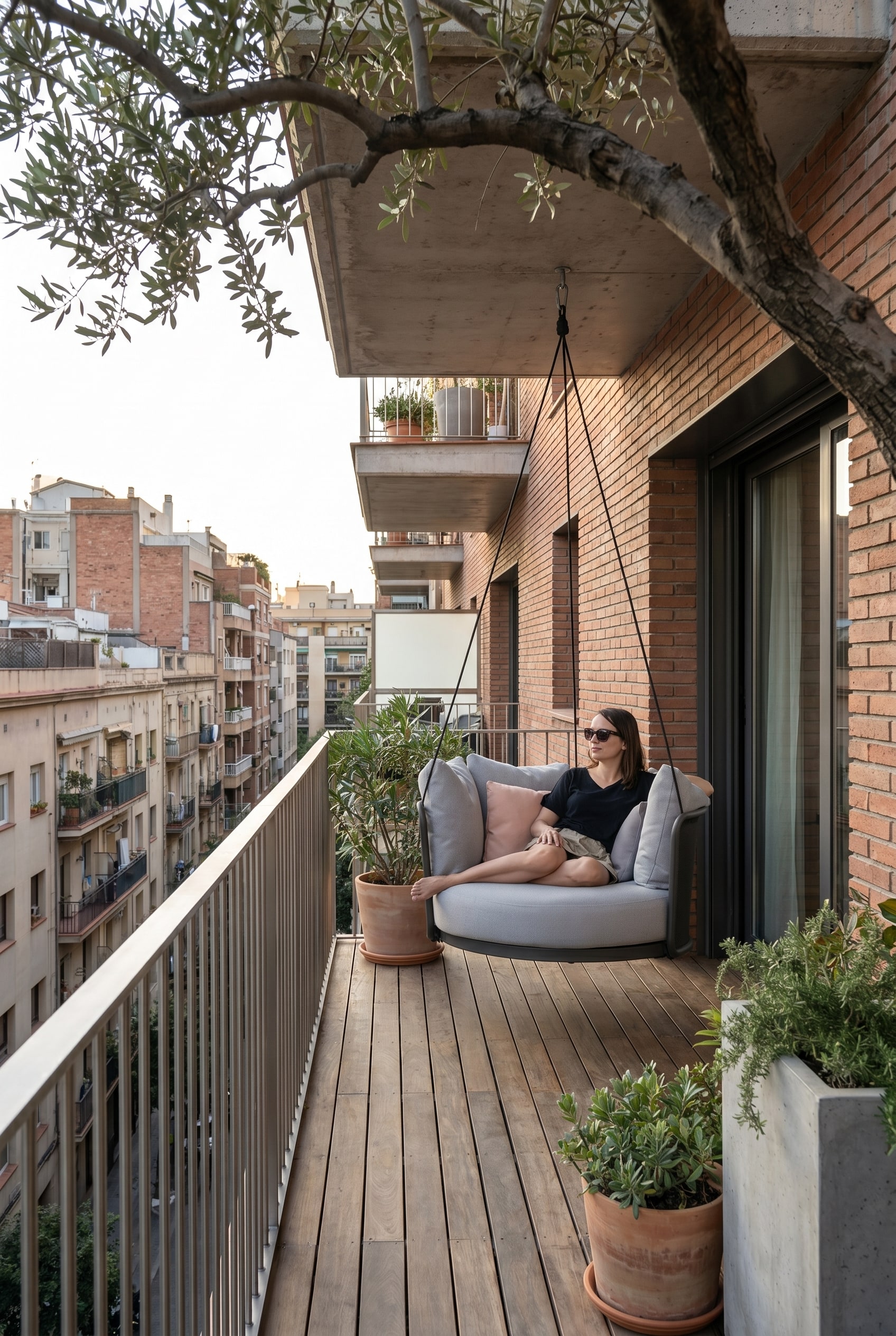 Balcone compatto con una poltrona sospesa rotonda in grigio chiaro, fissata a un soffitto in cemento sopra assi di legno