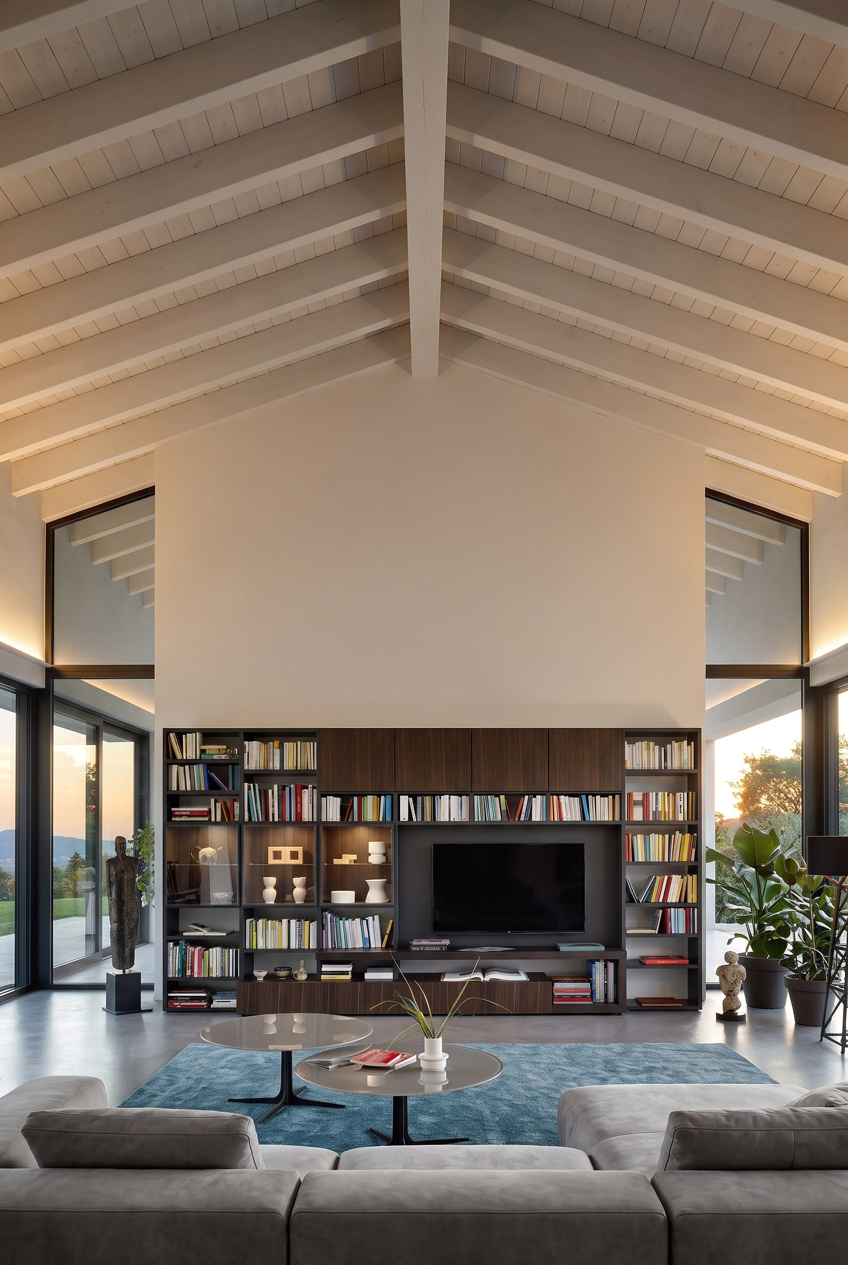 Wall-filling symmetrical bookshelf in dark wood veneer in a spacious old building living room