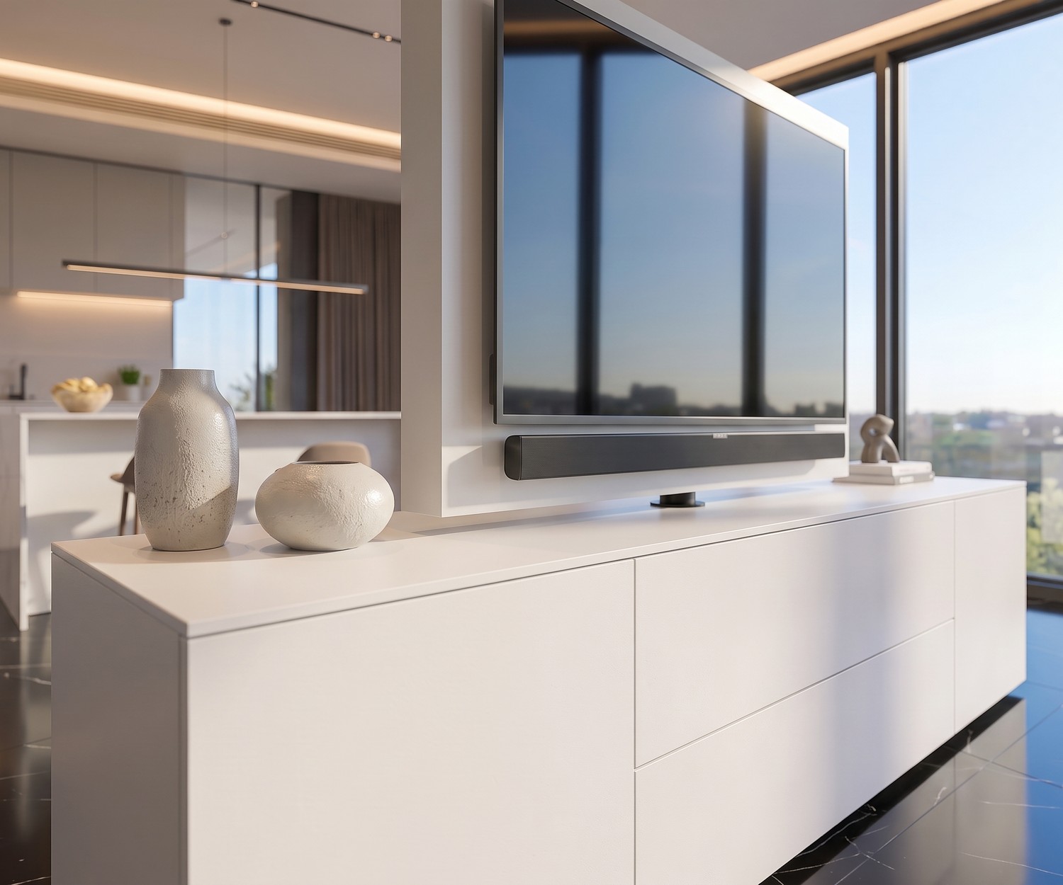 Livitalia Roto sideboard room divider with rotating TV panel in a modern white matte living room.