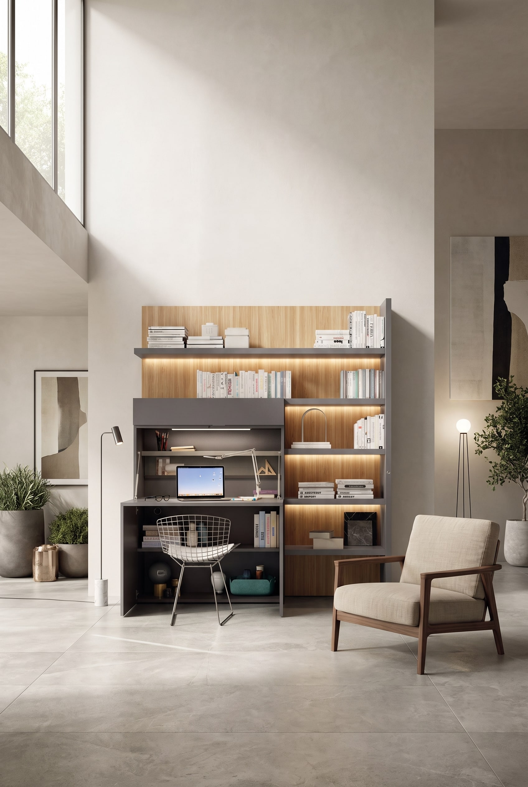 Elegant grey highboard with integrated desk in a high living space that seamlessly blends into the living environment