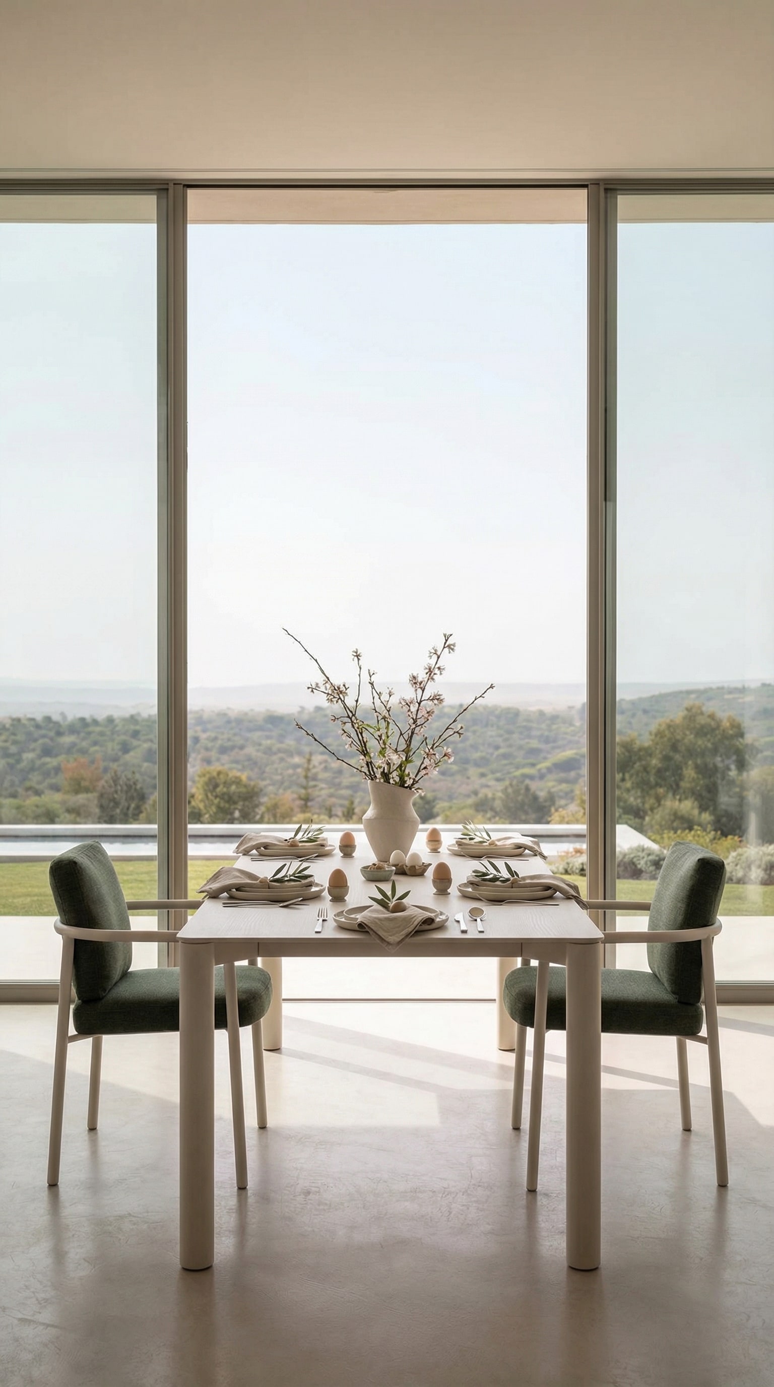 Classic, minimalist outdoor dining table in a symmetrical patio layout Classic, minimalist outdoor dining table in a symmetrical patio layout