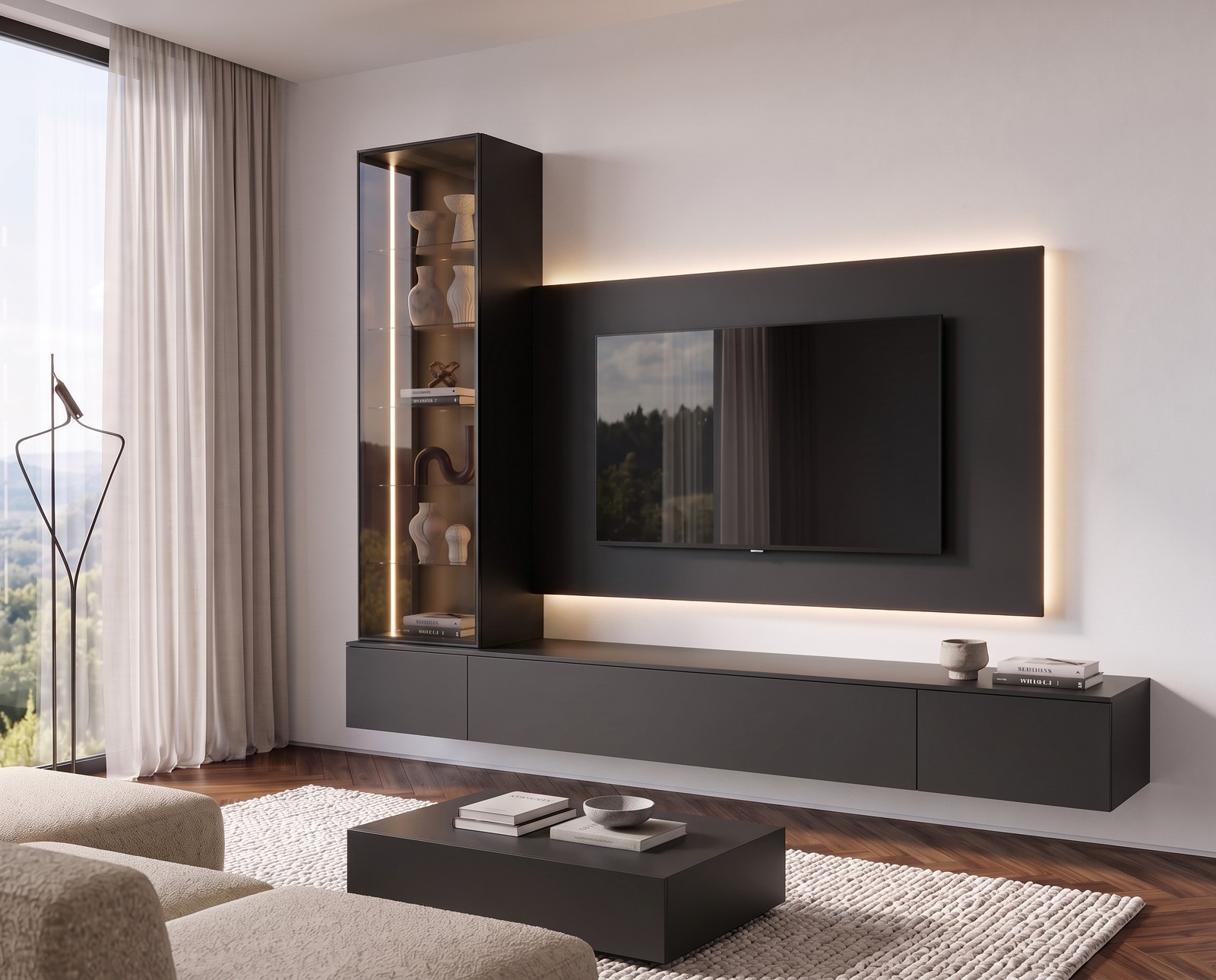 Livitalia C109 wall unit in black in a living room