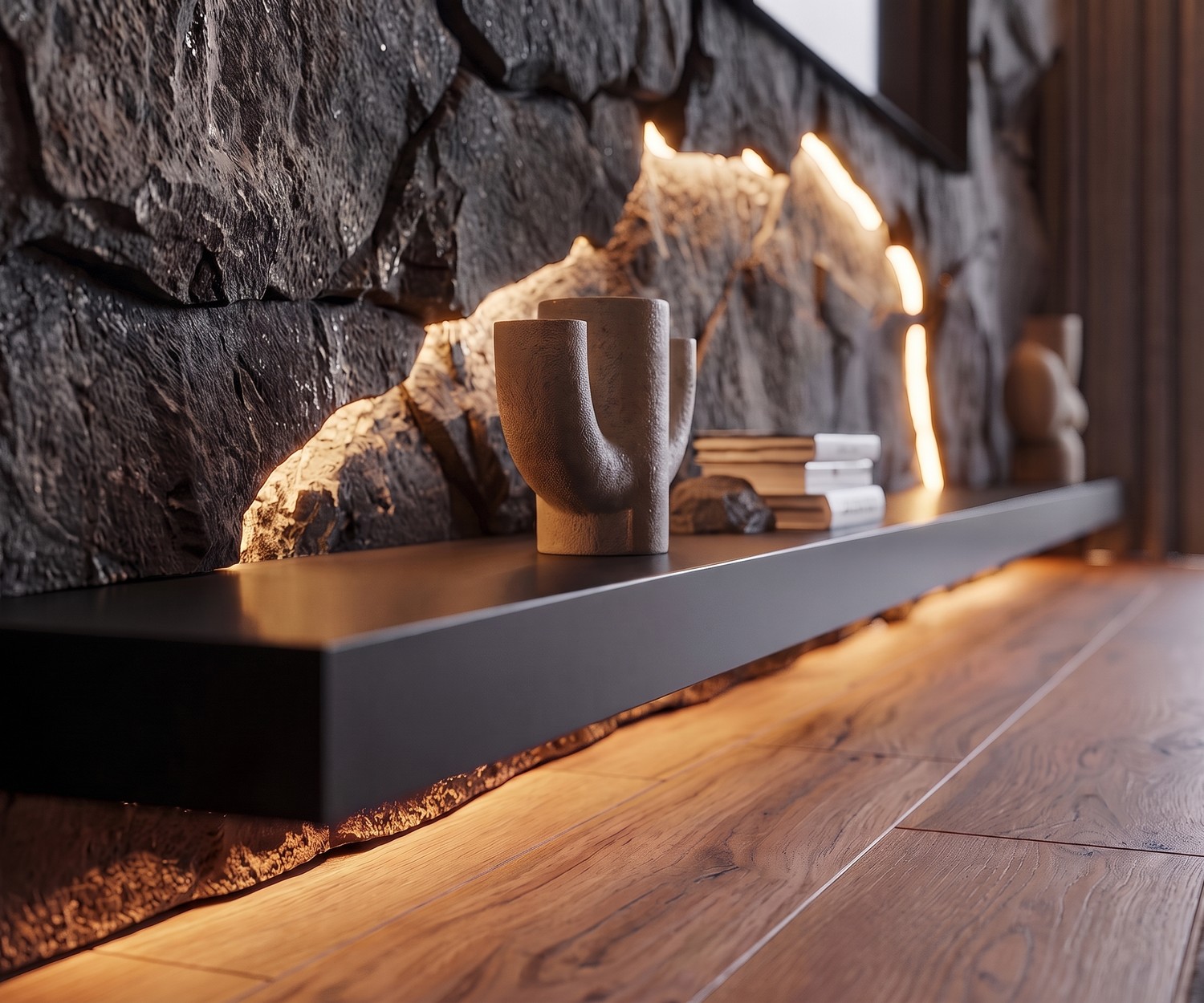Livitalia TV Wandboard als schwebendes Regal im Wohnzimmer vor einer Natursteinwand mit LED-Beleuchtung im modernen Stil.