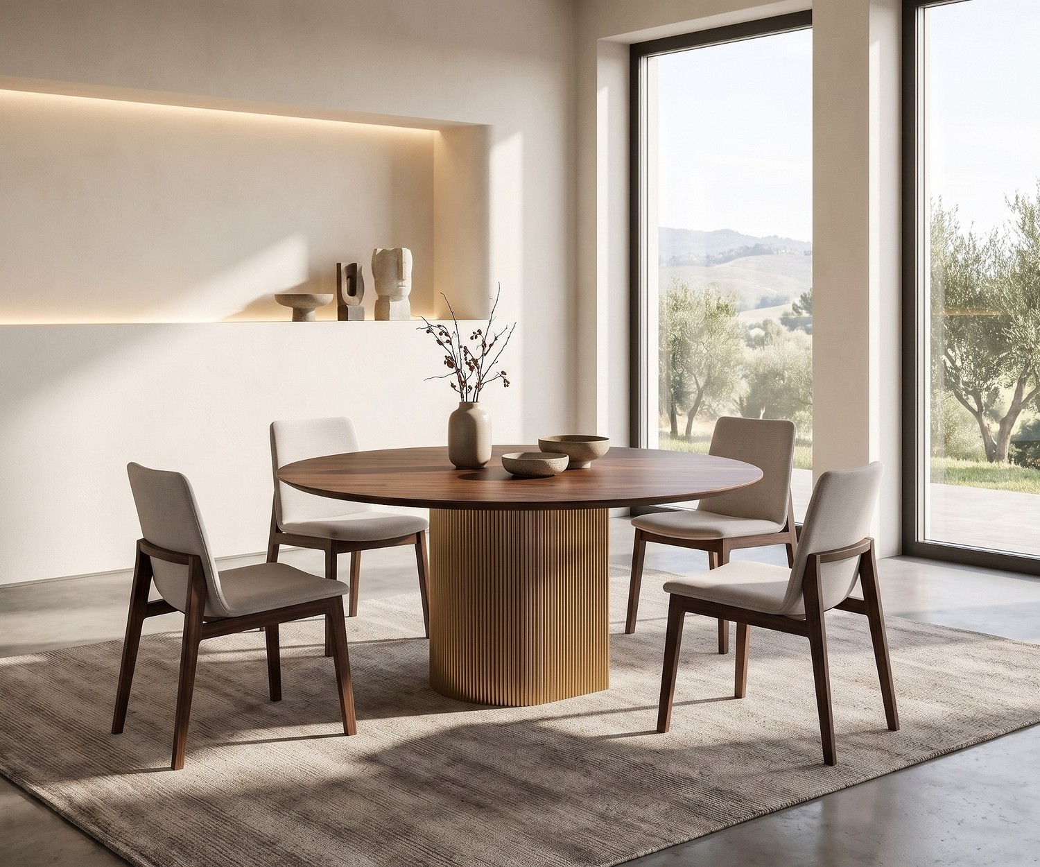 Runder Esstisch al2 Dakry BR 001 mit Rillendesign Runder Esstisch al2 Dakry BR 001 im Esszimmer aus Holz mit gerilltem Gold-Fuß und vier beigen Stühlen im modernen Stil.