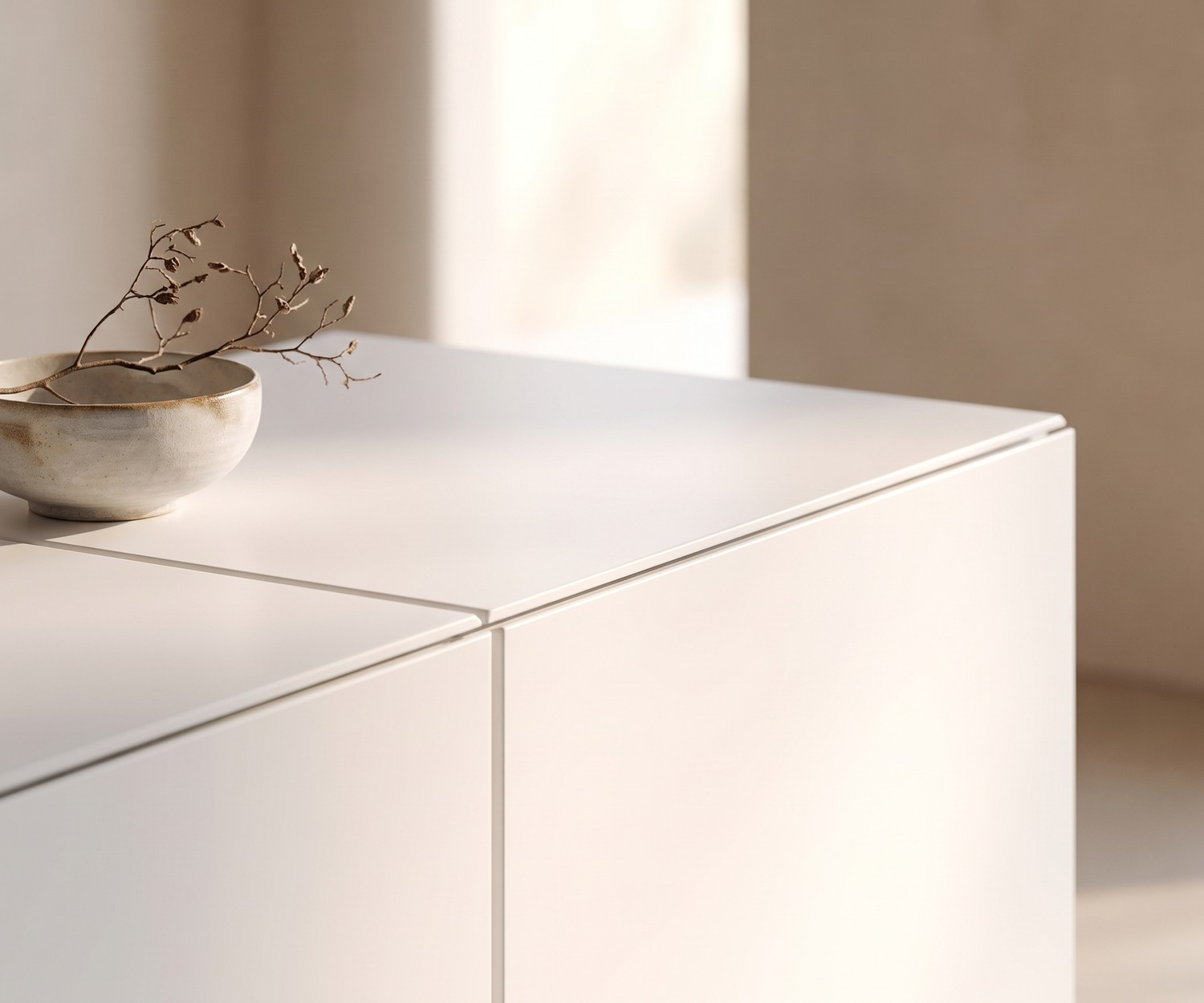 al2 MOS-I-KO 003 B White Designer Sideboard with Wood Legs al2 MOS-I-KO 003 B design sideboard in a minimalist hallway. White lacquered cabinet with wooden legs and tile-style front.