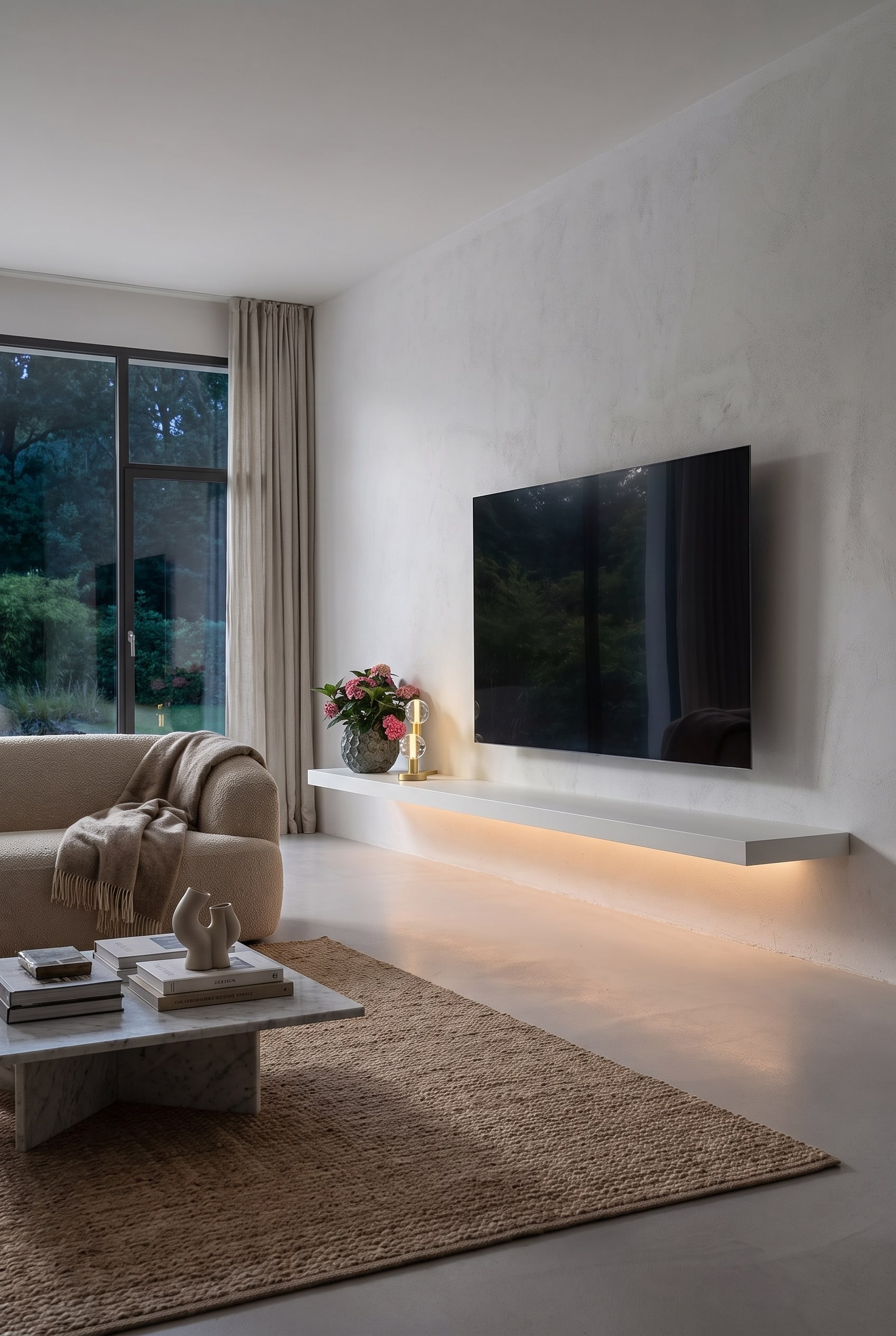 Lichte woonkamer met zwevend lowboard in matwit, een glazen designvaas en een flatscreen-televisie